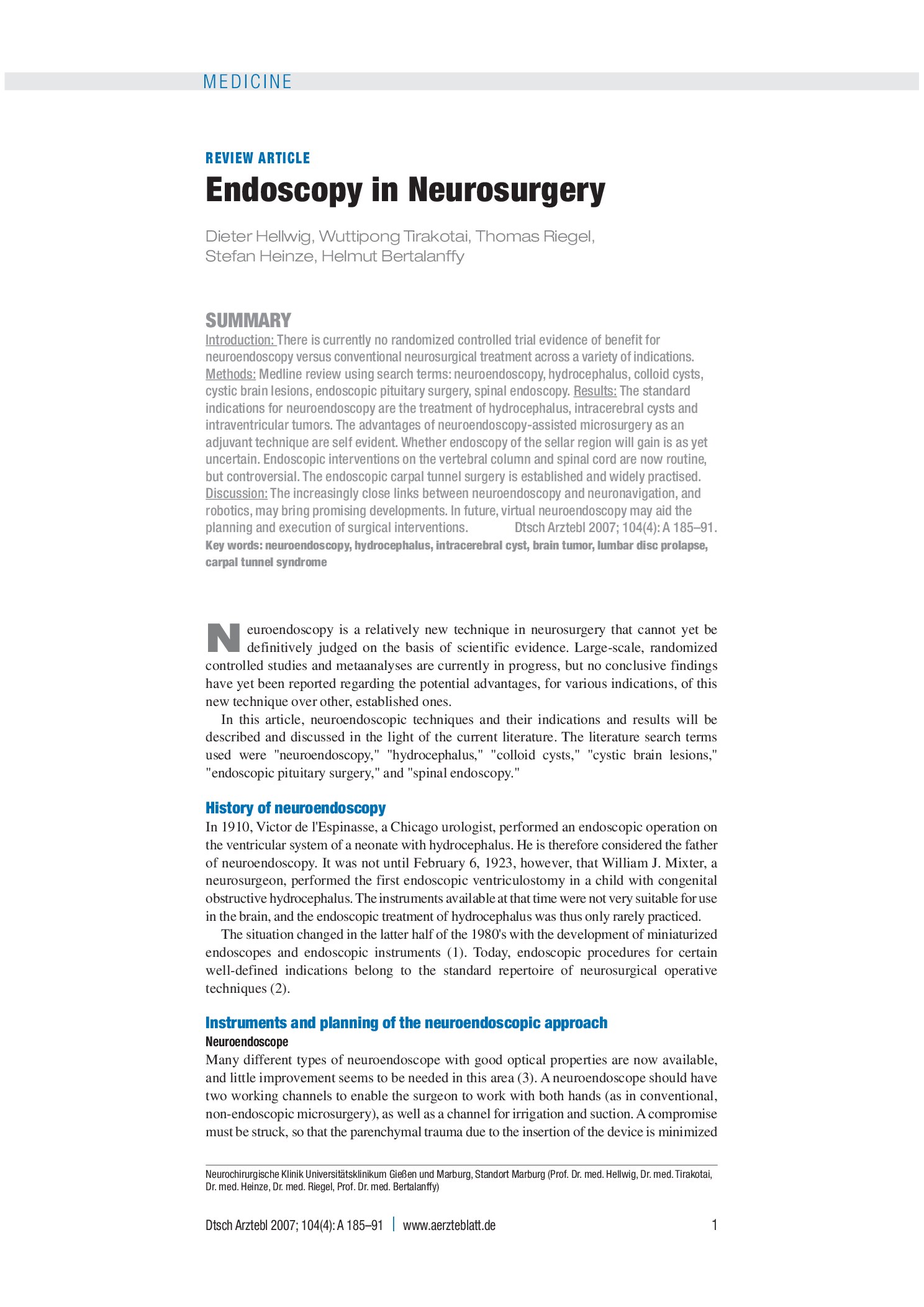 Vorschauseite 1: Endoskopische Verfahren in der Neurochirurgie – Deutsches Ärzteblatt