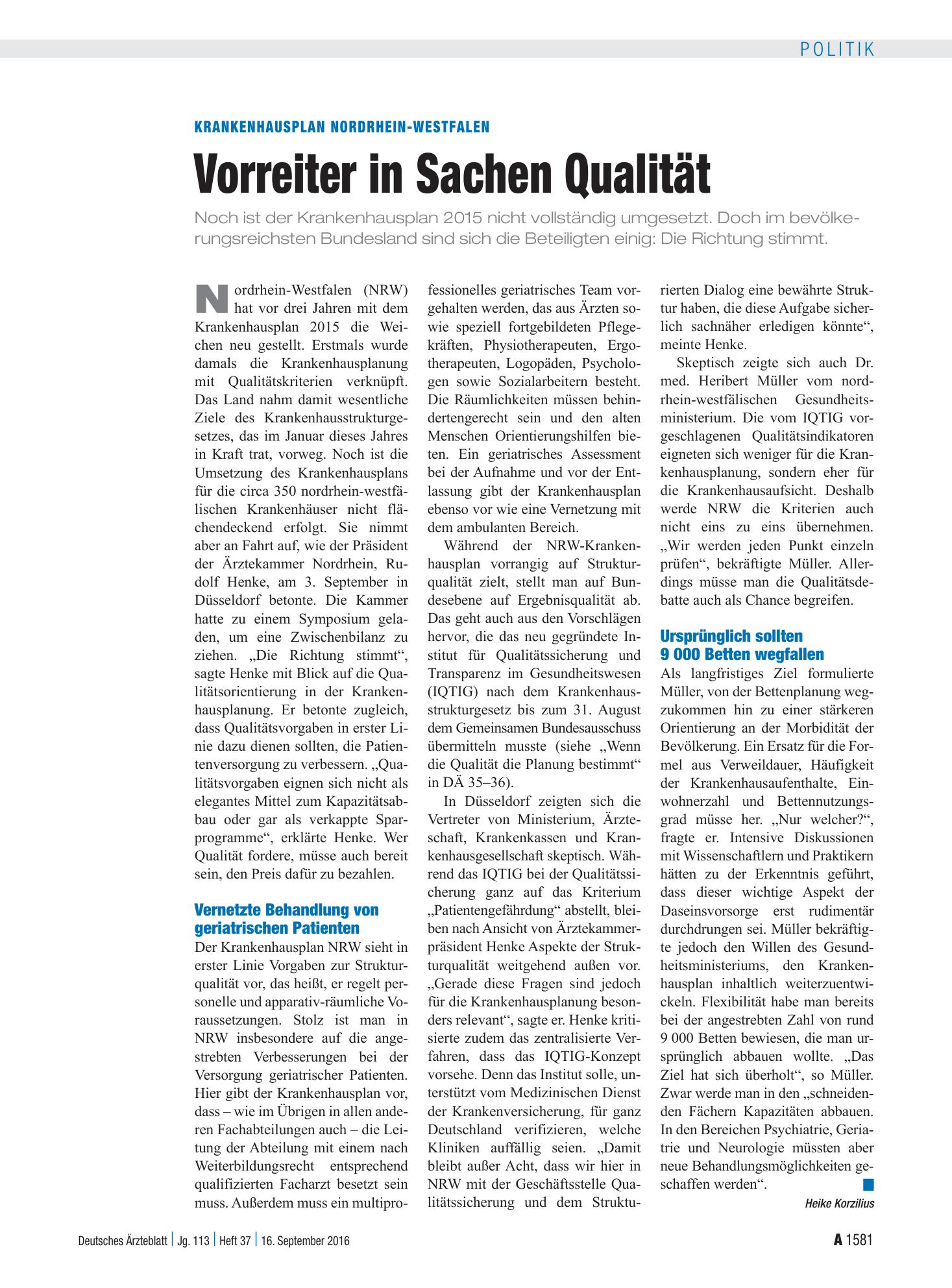 Vorschauseite 1: Krankenhausplan Nordrhein-Westfalen: Vorreiter in Sachen Qualität – Deutsches Ärzteblatt