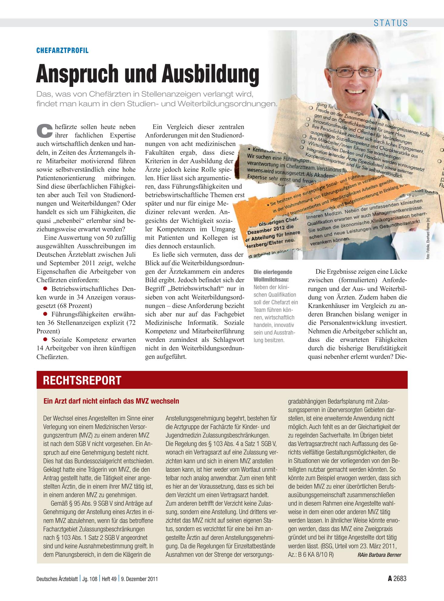 Vorschauseite 1: Chefarztprofil: Anspruch und Ausbildung – Deutsches Ärzteblatt