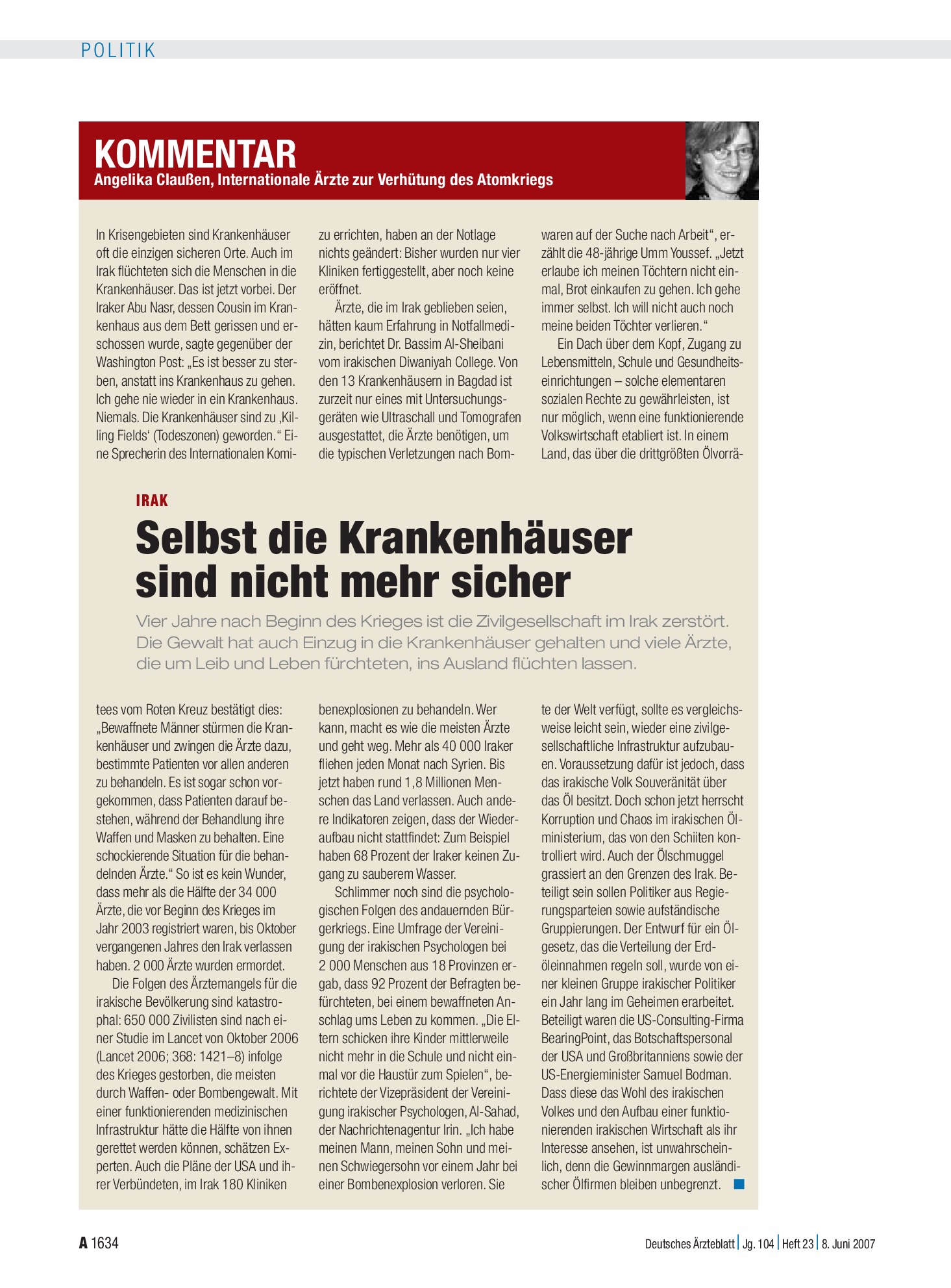 Vorschauseite 1: Irak – Selbst die Krankenhäuser sind nicht mehr sicher – Deutsches Ärzteblatt
