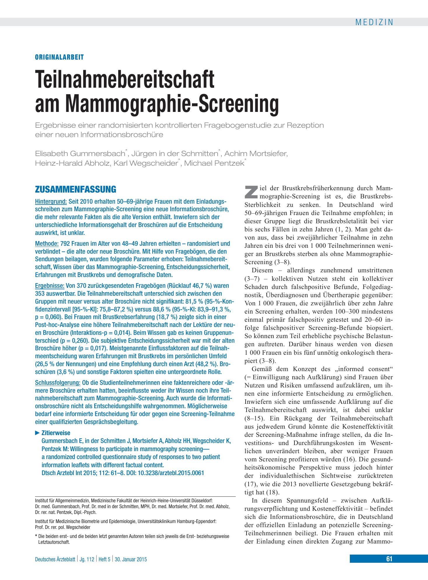 Vorschauseite 1: Teilnahmebereitschaft am Mammographie-Screening – Deutsches Ärzteblatt
