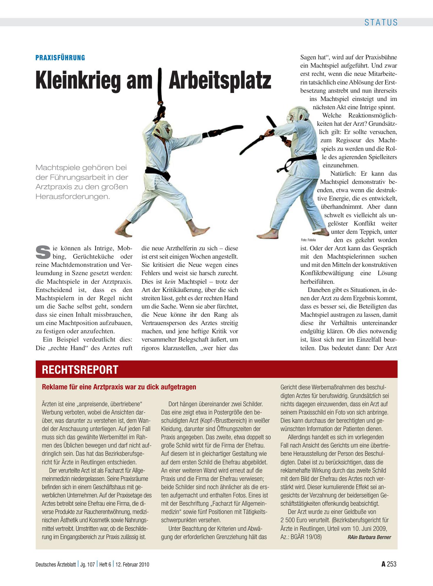 Vorschauseite 1: Praxisführung: Kleinkrieg am Arbeitsplatz – Deutsches Ärzteblatt