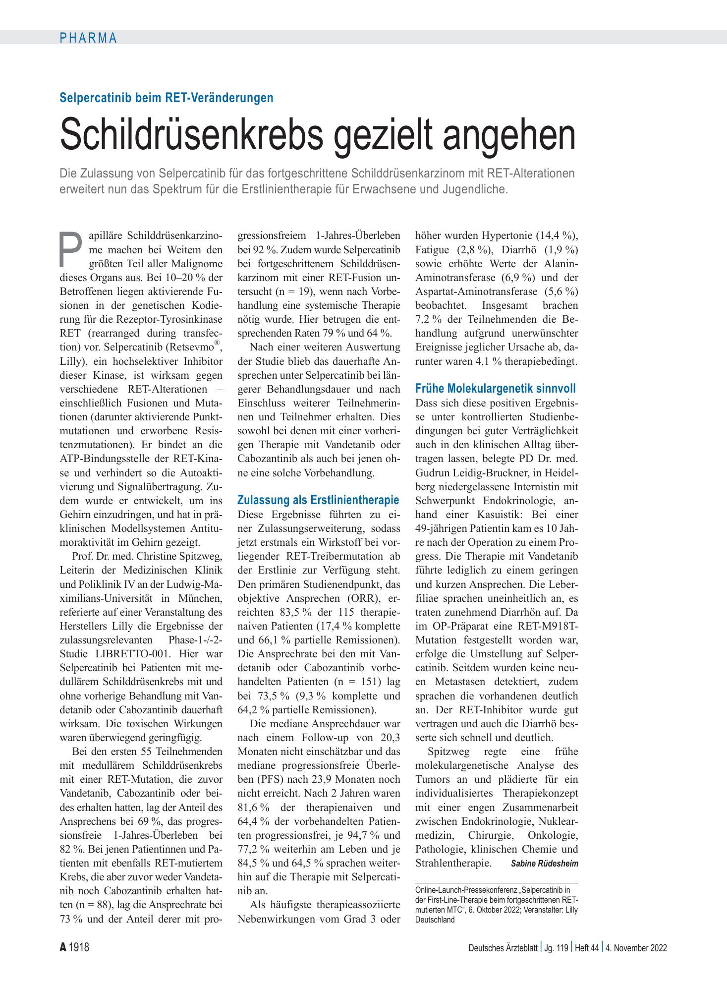 Vorschauseite 1: Selpercatinib beim RET-Veränderungen: Schildrüsenkrebs gezielt angehen – Deutsches Ärzteblatt