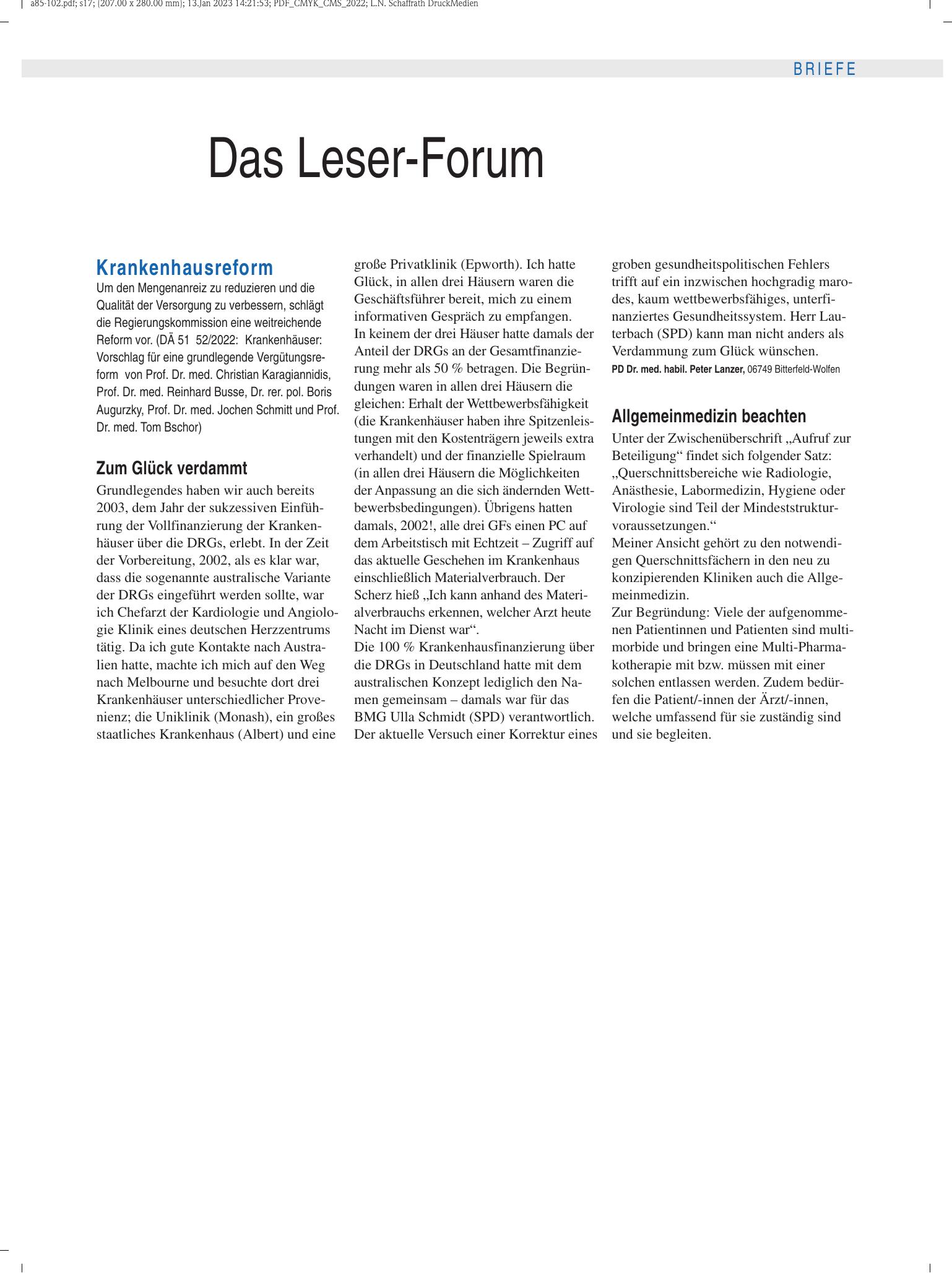 Vorschauseite 1: Krankenhausreform: Allgemeinmedizin beachten – Deutsches Ärzteblatt