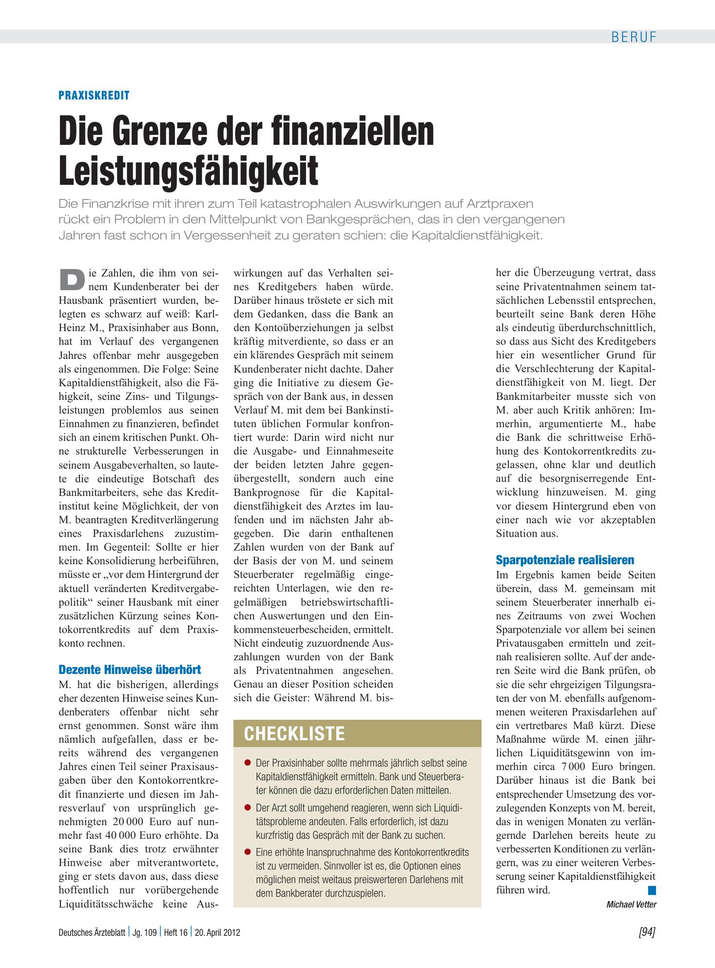 Vorschauseite 1: Praxiskredit: Die Grenze der finanziellen Leistungsfähigkeit – Deutsches Ärzteblatt