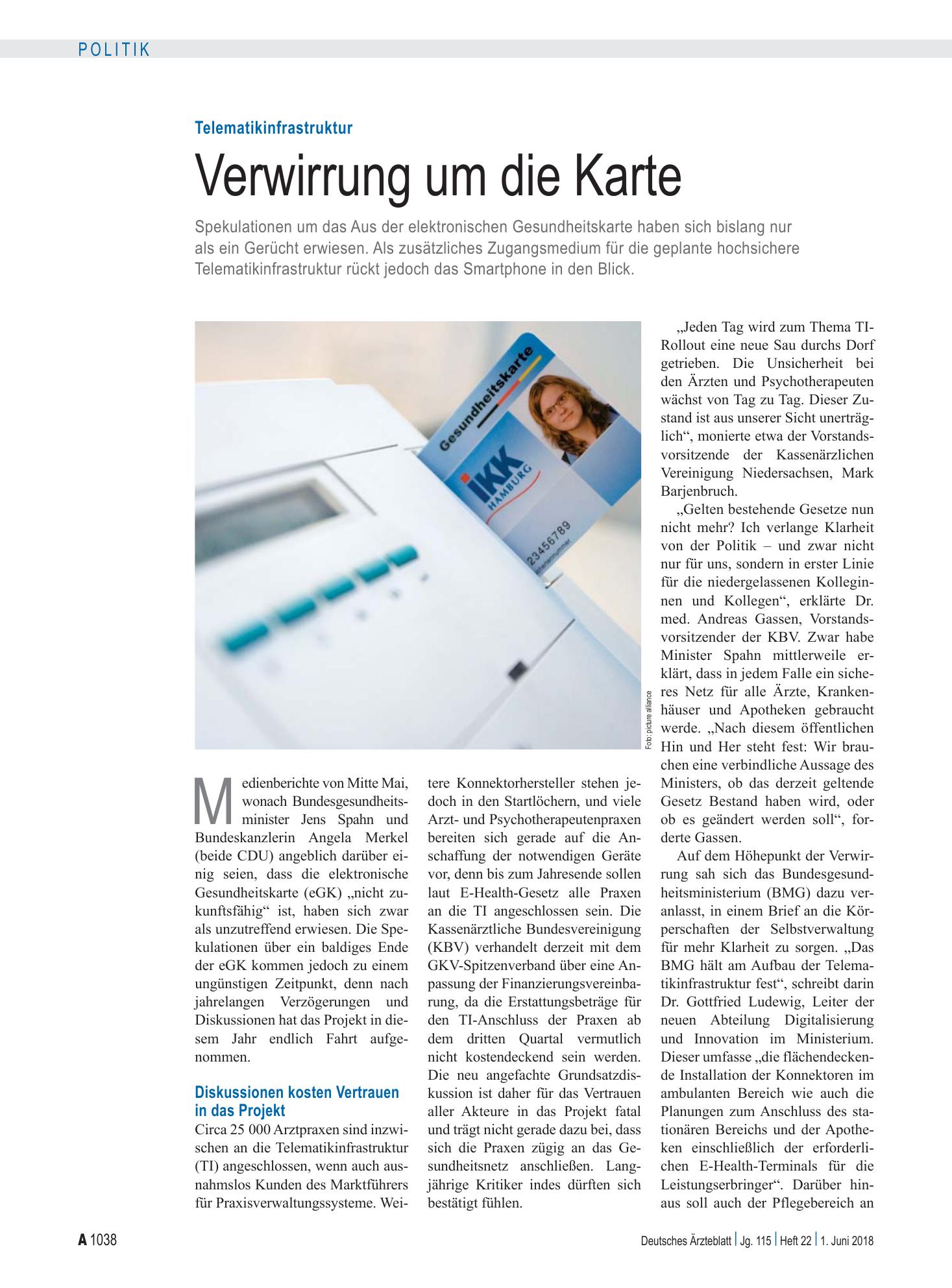 Vorschauseite 1: Telematikinfrastruktur: Verwirrung um die Karte – Deutsches Ärzteblatt