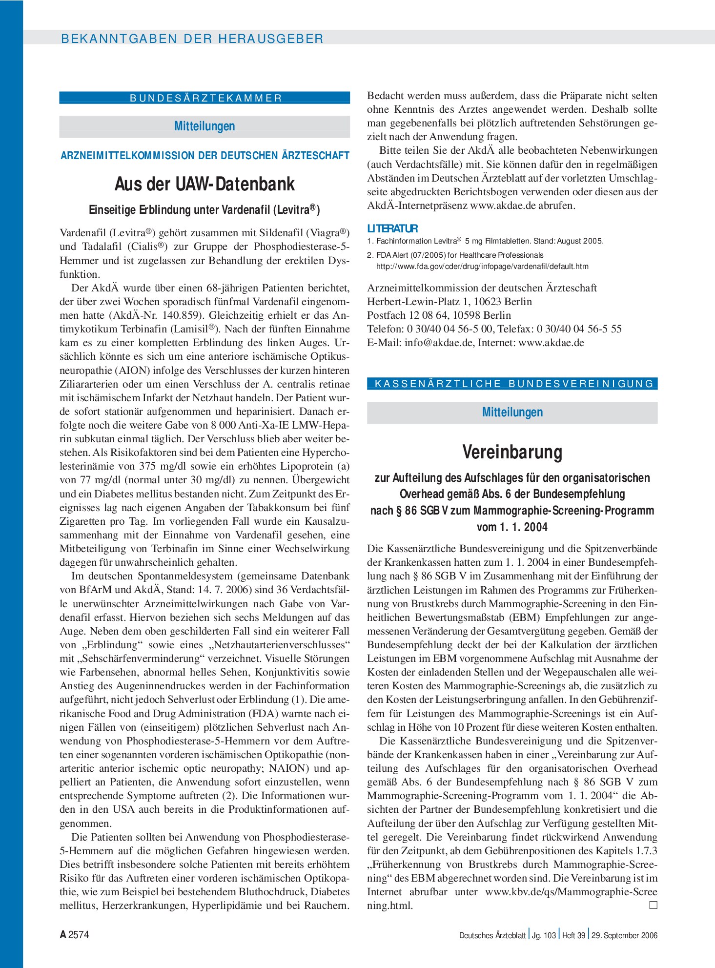 Vorschauseite 1: Mitteilungen: Vereinbarung zur Aufteilung des Aufschlages für den organisatorischen Overhead gemäß Abs. 6 der Bundesempfehlung nach § 86 SGB V zum Mammographie-Screening-Programm…