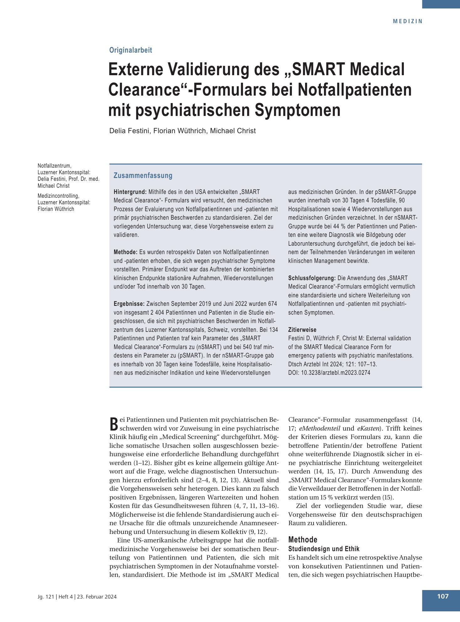 Vorschauseite 1: Externe Validierung des „SMART Medical Clearance“-Formulars bei Notfallpatienten mit psychiatrischen Symptomen – Deutsches Ärzteblatt