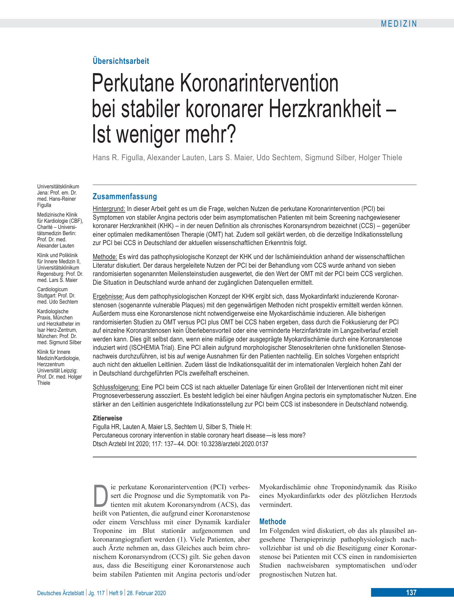 Vorschauseite 1: Perkutane Koronarintervention bei stabiler koronarer Herzkrankheit – Ist weniger mehr? – Deutsches Ärzteblatt