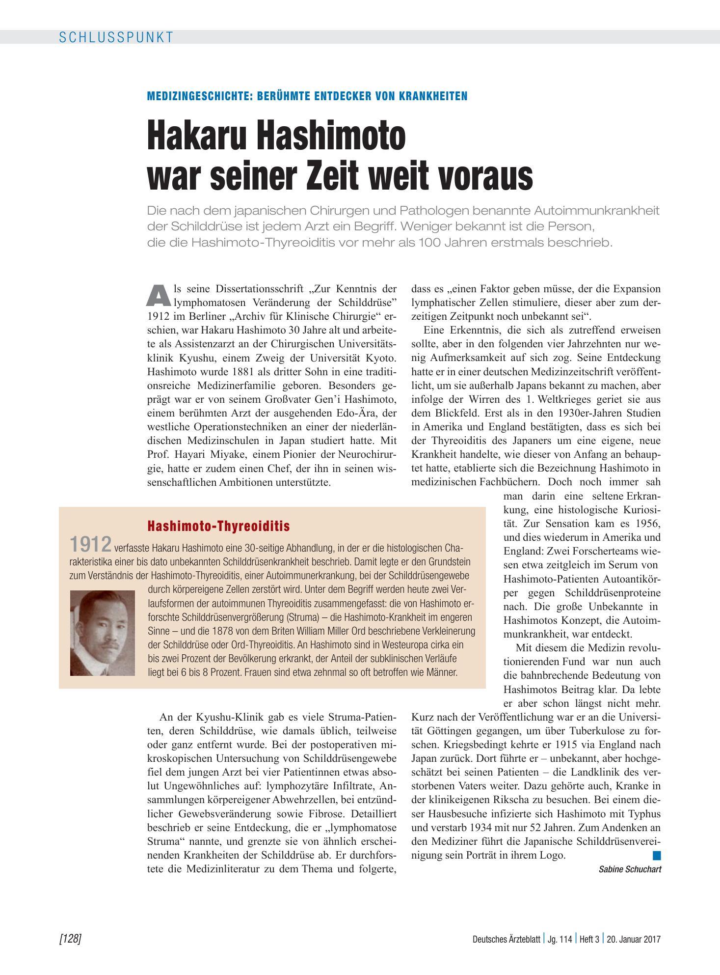 Vorschauseite 1: Medizingeschichte: Berühmte Entdecker von Krankheiten – Hakaru Hashimoto war seiner Zeit weit voraus – Deutsches Ärzteblatt