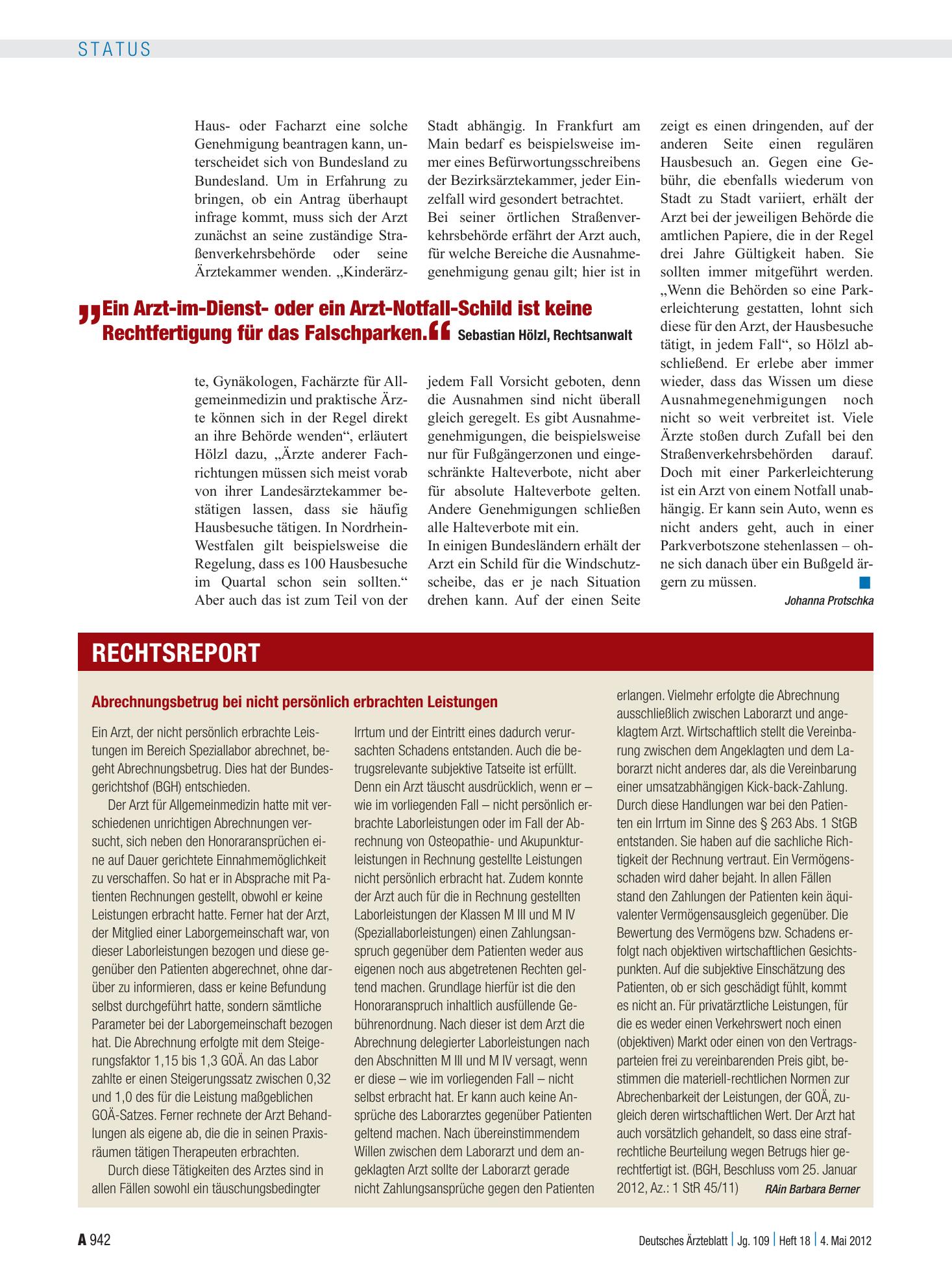 Vorschauseite 1: Abrechnungsbetrug bei nicht persönlich erbrachten Leistungen – Deutsches Ärzteblatt