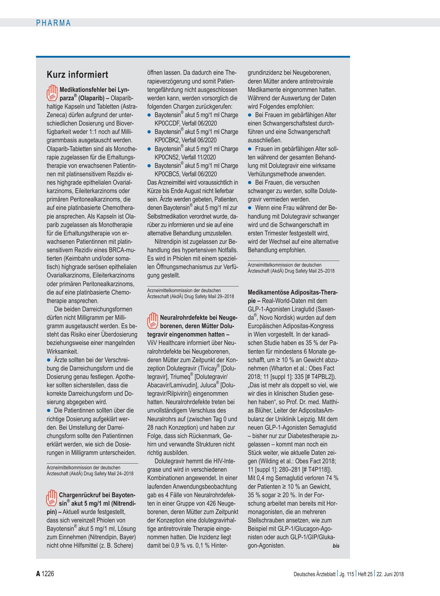 Vorschauseite 1: Kurz informiert – Deutsches Ärzteblatt