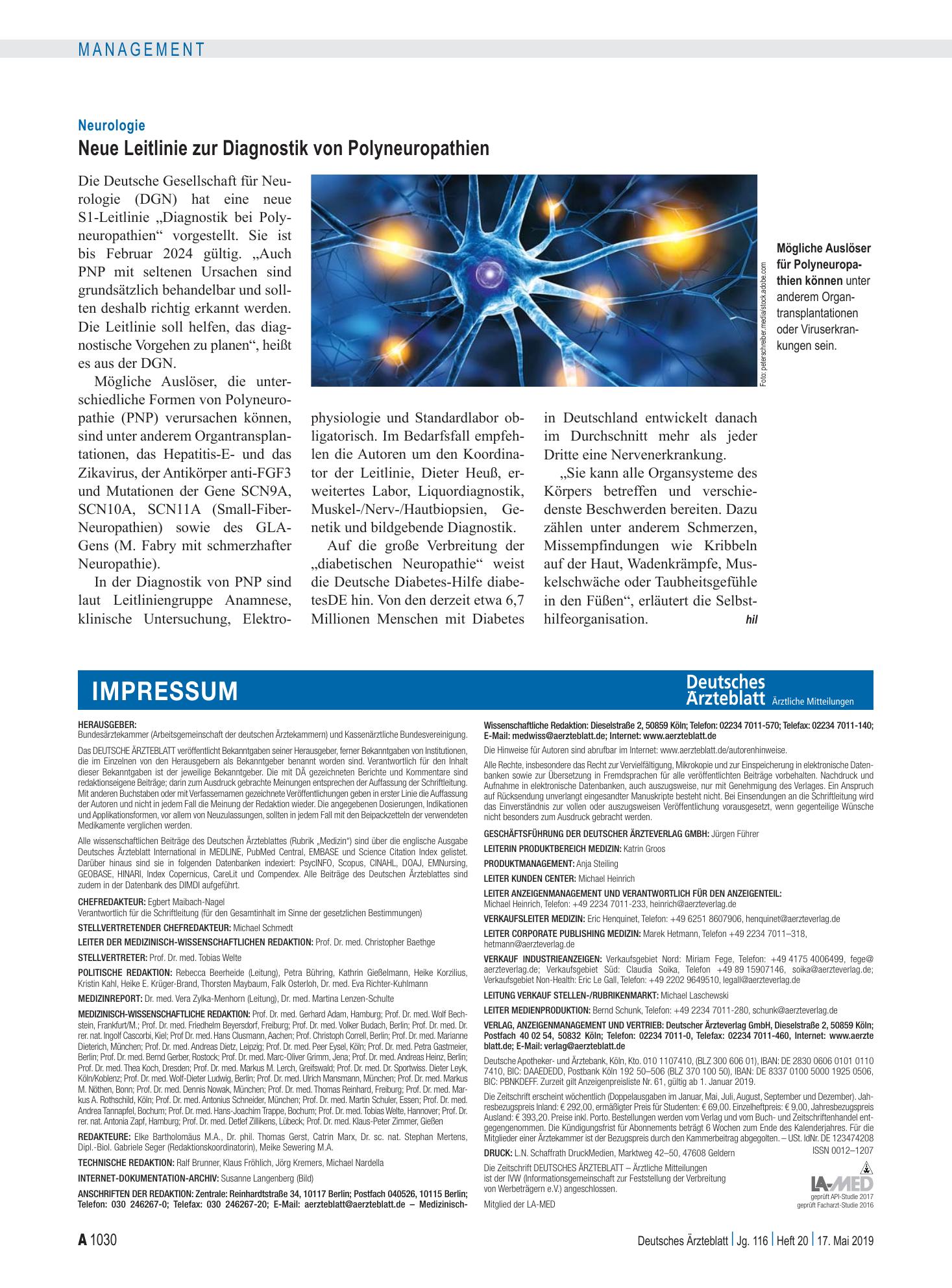 Vorschauseite 1: Neurologie: Neue Leitlinie zur Diagnostik von Polyneuropathien – Deutsches Ärzteblatt