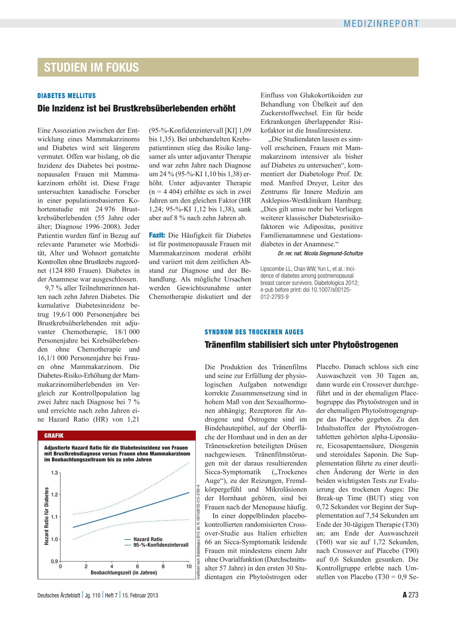 Vorschauseite 1: Diabetes mellitus: Die Inzidenz ist bei Brustkrebsüberlebenden erhöht – Deutsches Ärzteblatt