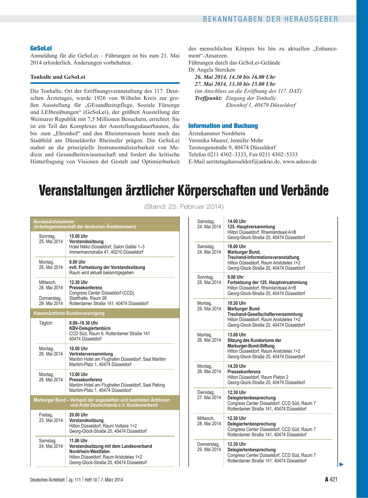 Vorschauseite 1: Veranstaltungen ärztlicher Körperschaften und Verbände – Deutsches Ärzteblatt