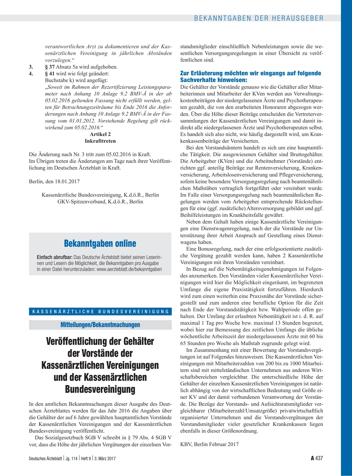 Vorschauseite 1: Veröffentlichung der Gehälter der Vorstände der Kassenärztlichen Vereinigungen und der Kassenärztlichen Bundesvereinigung – Deutsches Ärzteblatt