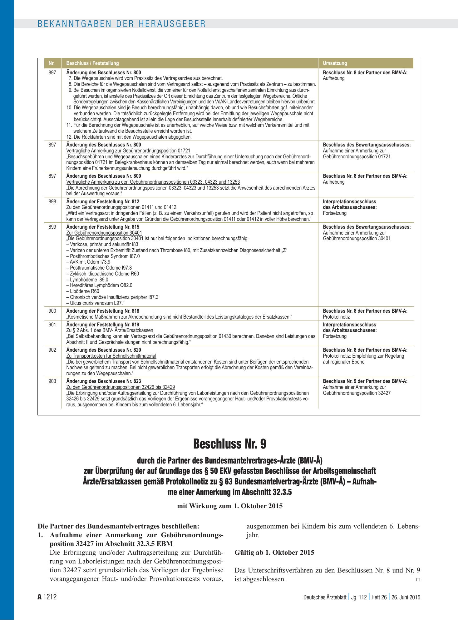 Vorschauseite 1: Beschluss Nr. 9 durch die Partner des Bundesmantelvertrages-Ärzte (BMV-Ä) zur Überprüfung der auf Grundlage des § 50 EKV gefassten Beschlüsse der Arbeitsgemeinschaft Ärzte/Ersatzk…