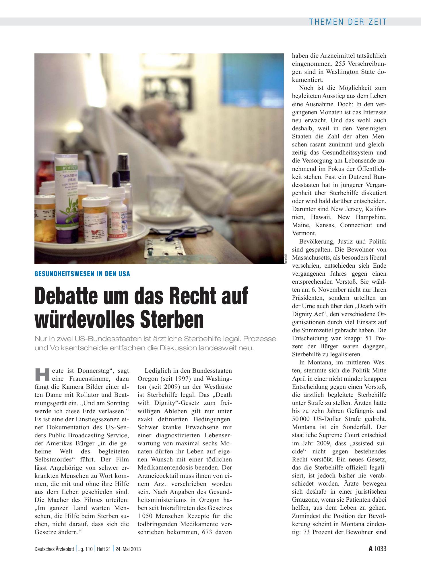 Vorschauseite 1: Gesundheitswesen in den USA: Debatte um das Recht auf würdevolles Sterben – Deutsches Ärzteblatt