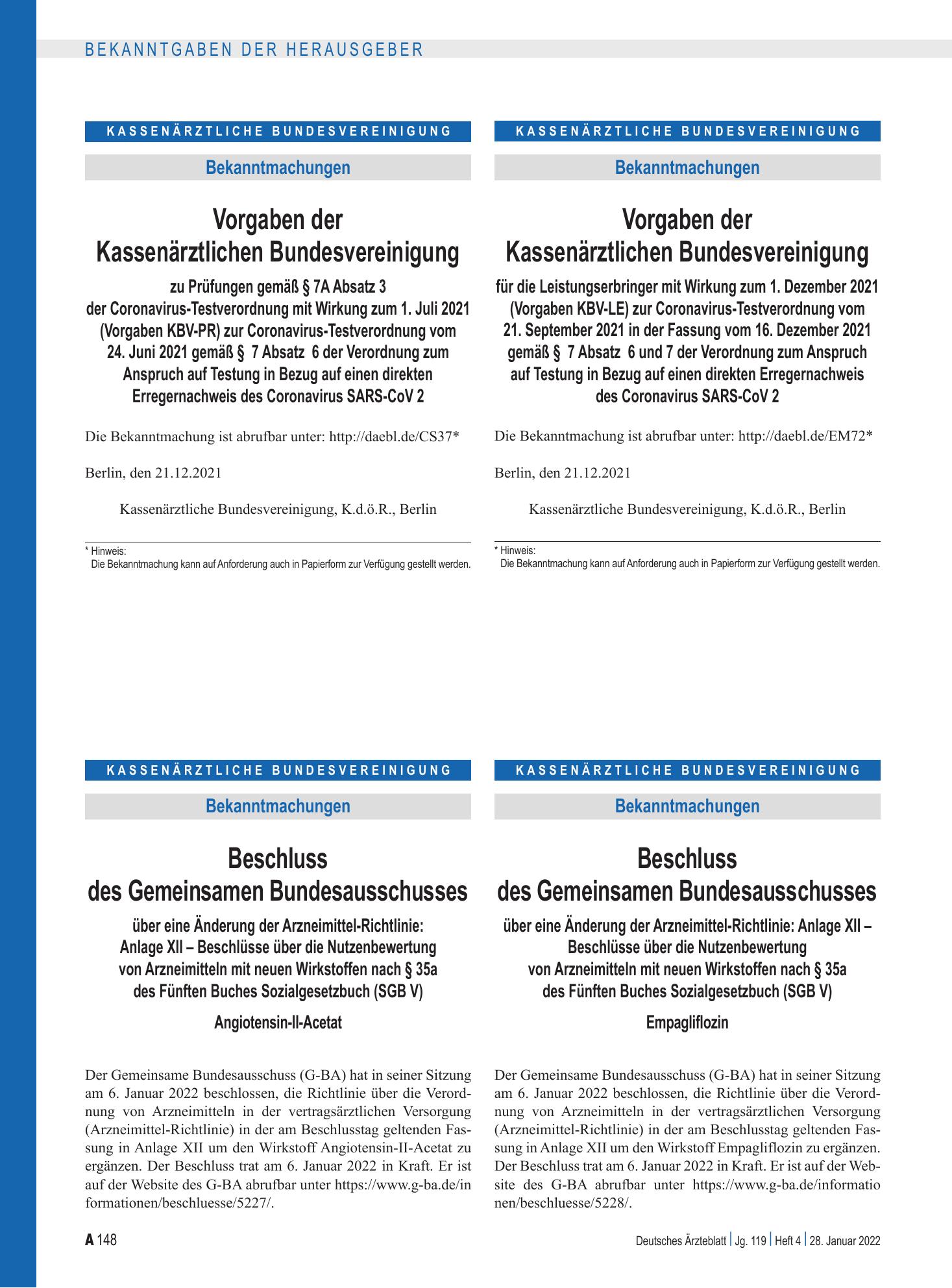 Vorschauseite 1: Vorgaben der Kassenärztlichen Bundesvereinigung für die Leistungserbringer zur Coronavirus-Testverordnung – Deutsches Ärzteblatt
