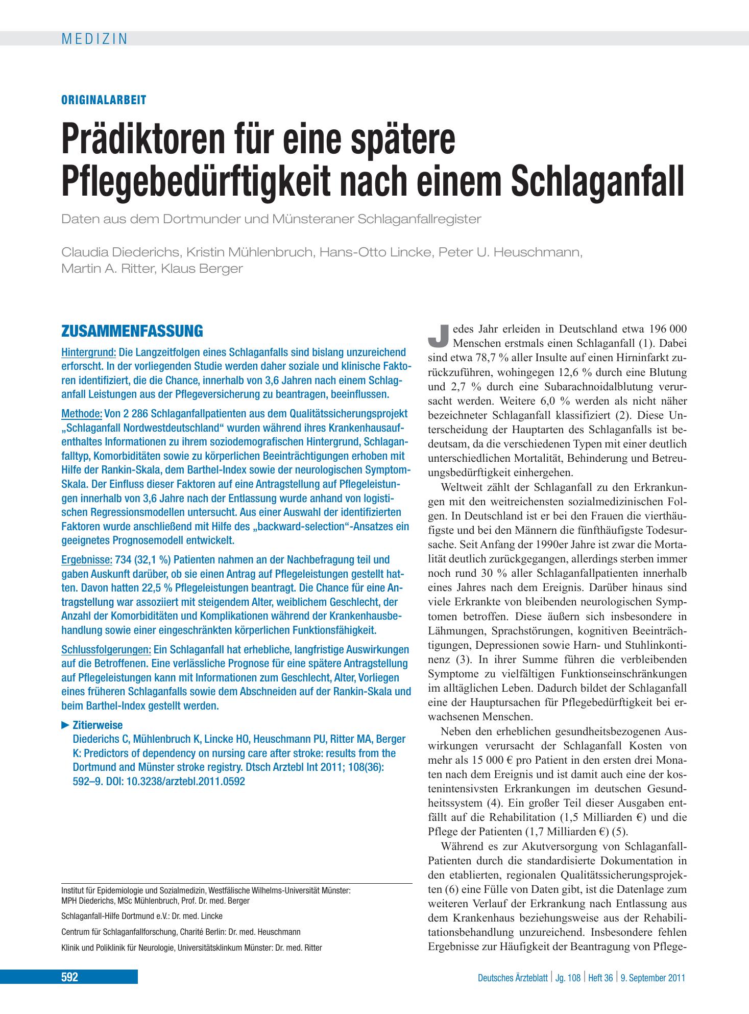 Vorschauseite 1: Prädiktoren für eine spätere Pflegebedürftigkeit nach einem Schlaganfall – Deutsches Ärzteblatt
