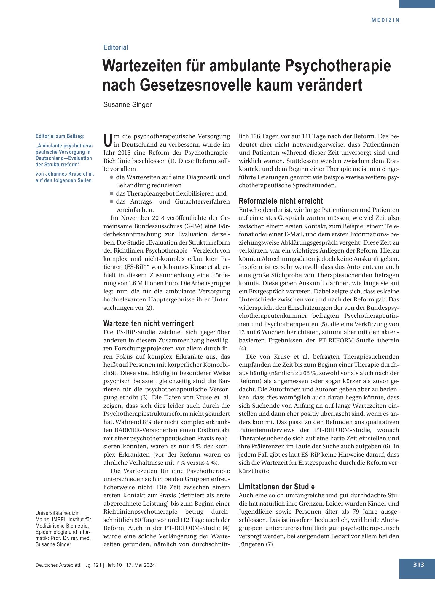 Vorschauseite 1: Wartezeiten für ambulante Psychotherapie nach Gesetzesnovelle kaum verändert – Deutsches Ärzteblatt