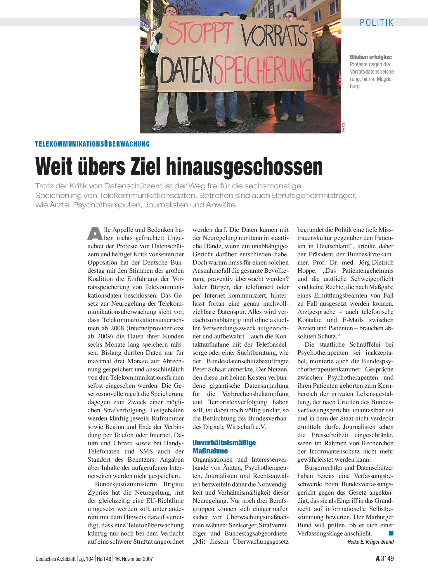 Vorschauseite 1: Telekommunikationsüberwachung: Weit übers Ziel hinausgeschossen – Deutsches Ärzteblatt