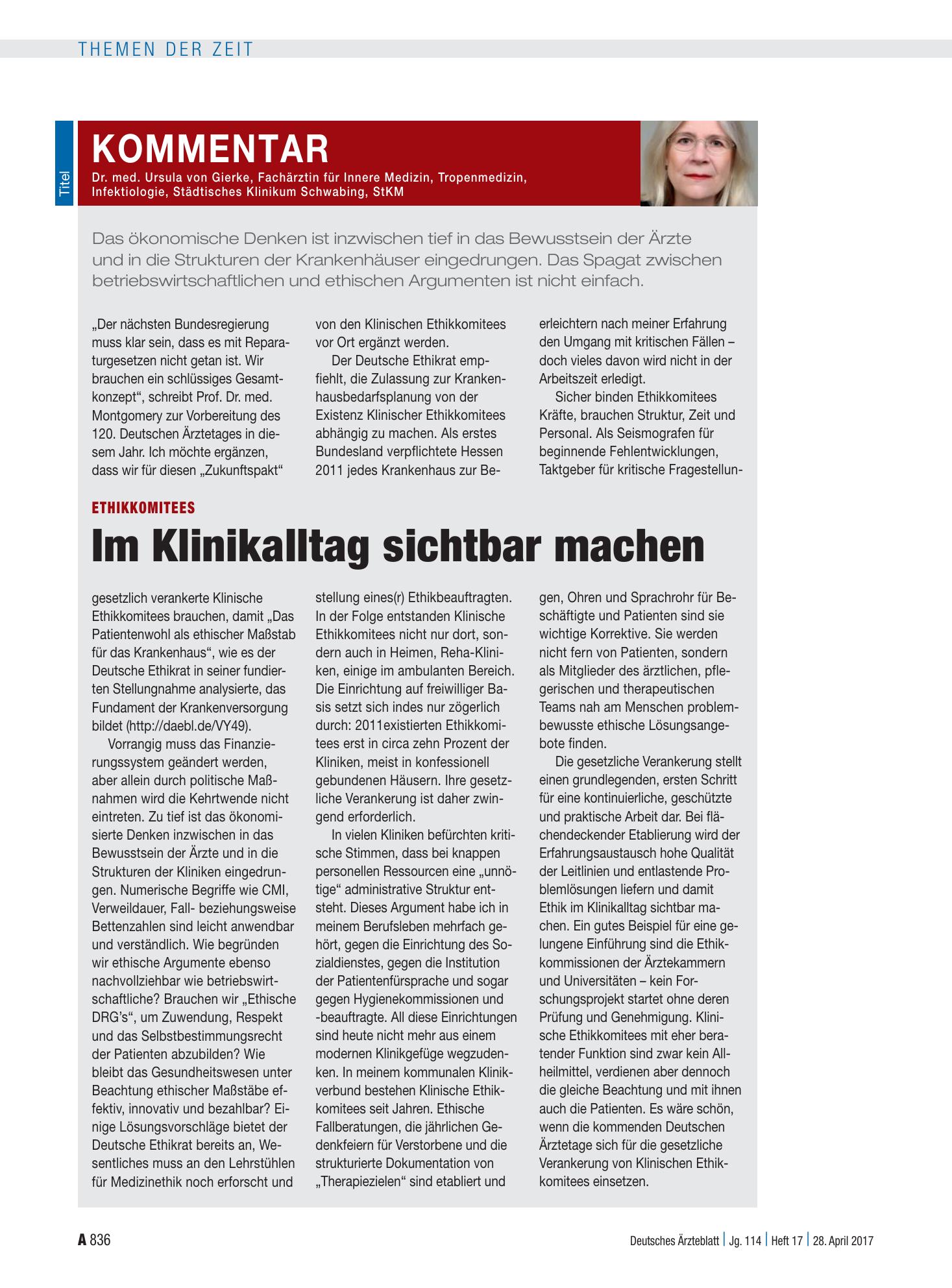 Vorschauseite 1: Ethikkomitees: Im Klinikalltag sichtbar machen – Deutsches Ärzteblatt