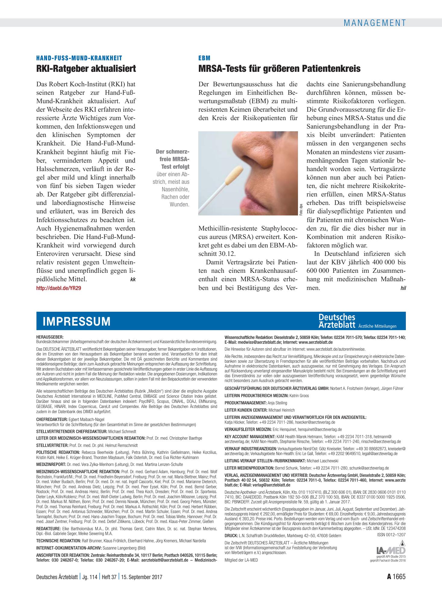 Vorschauseite 1: EBM: MRSA-Tests für größeren Patientenkreis – Deutsches Ärzteblatt
