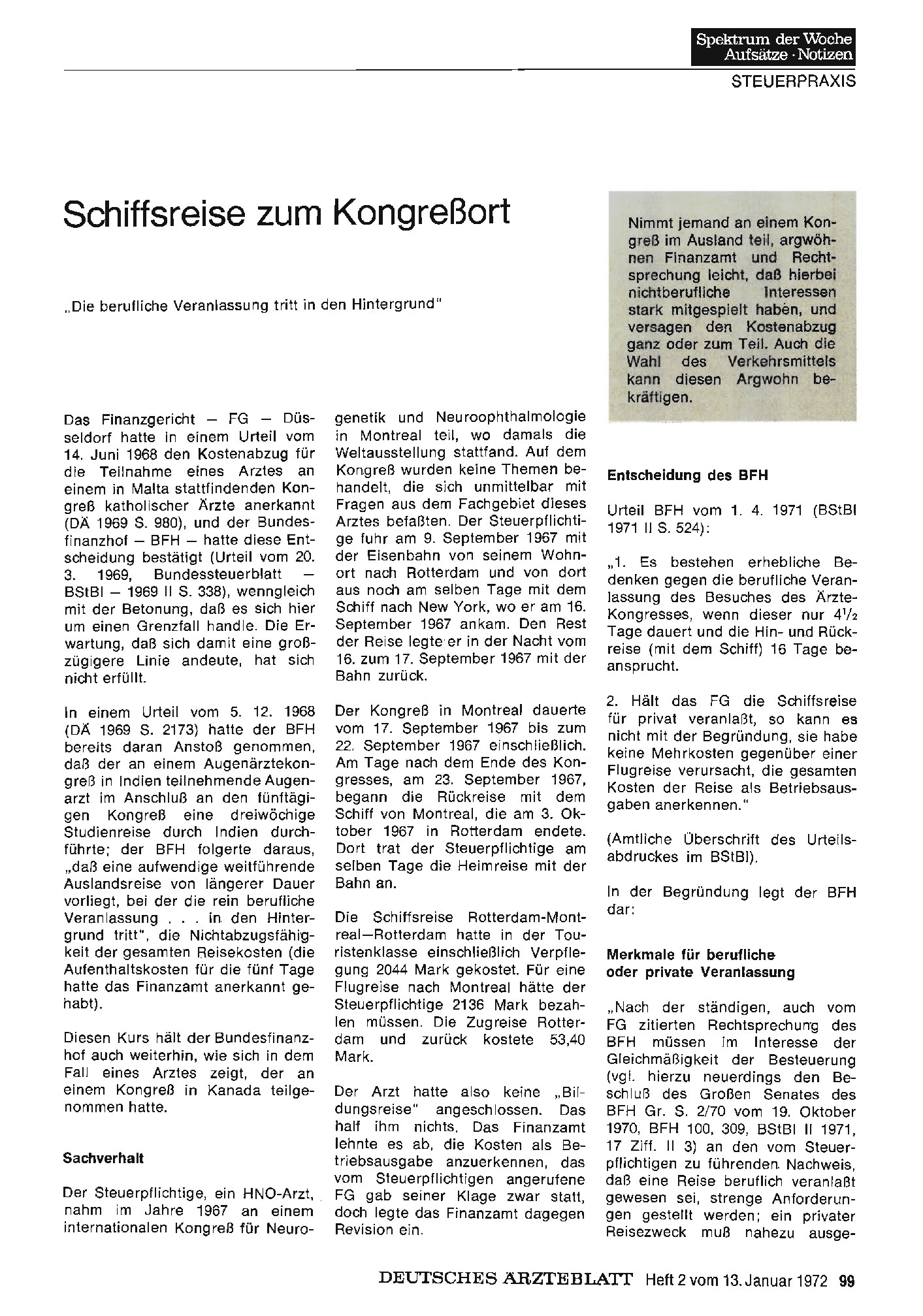 Vorschauseite 1: Schiffsreise zum Kongreßort: „Die berufliche Veranlassung tritt in den Hintergrund"