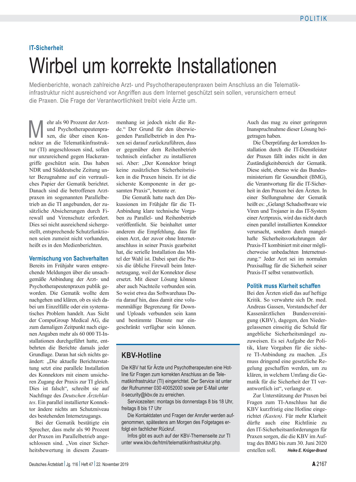 Vorschauseite 1: IT-Sicherheit: Wirbel um korrekte Installationen – Deutsches Ärzteblatt