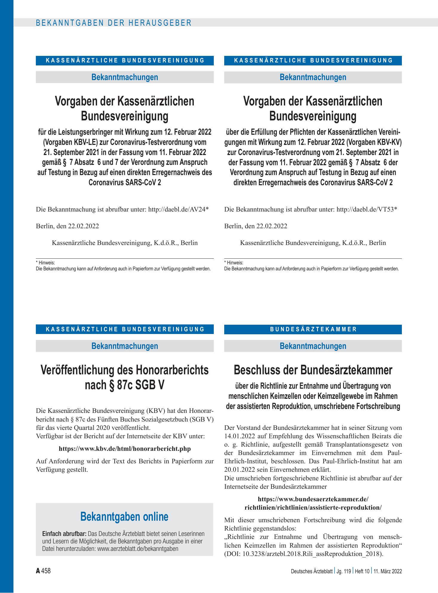 Vorschauseite 1: Beschluss der Bundesärztekammer über die Richtlinie zur Entnahme und Übertragung von menschlichen Keimzellen oder Keimzellgewebe im Rahmen der assistierten Reproduktion, umschrieb…