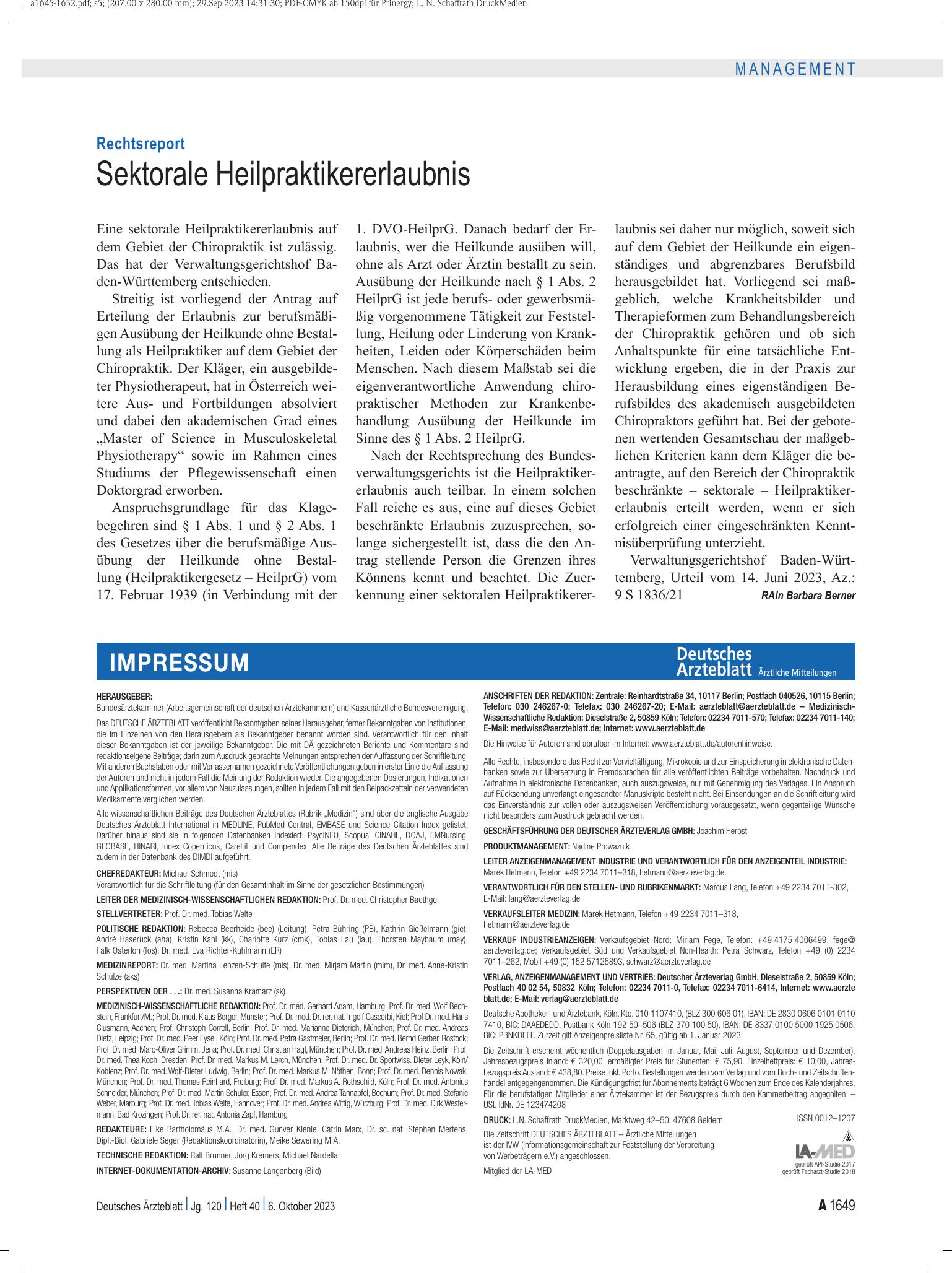 Vorschauseite 1: Rechtsreport: Sektorale Heilpraktikererlaubnis – Deutsches Ärzteblatt