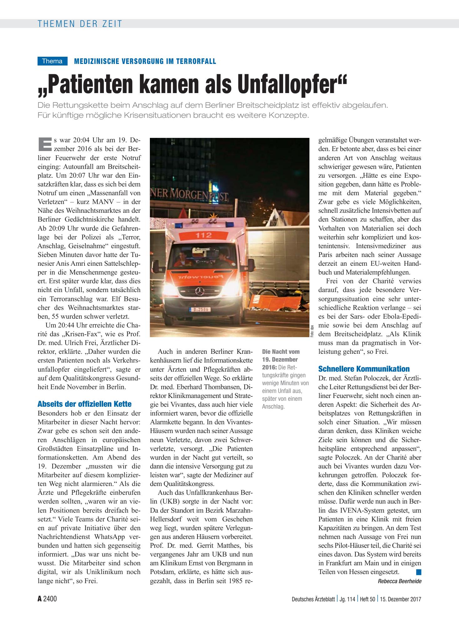 Vorschauseite 1: Medizinische Versorgung im Terrorfall: „Patienten kamen als Unfallopfer“ – Deutsches Ärzteblatt