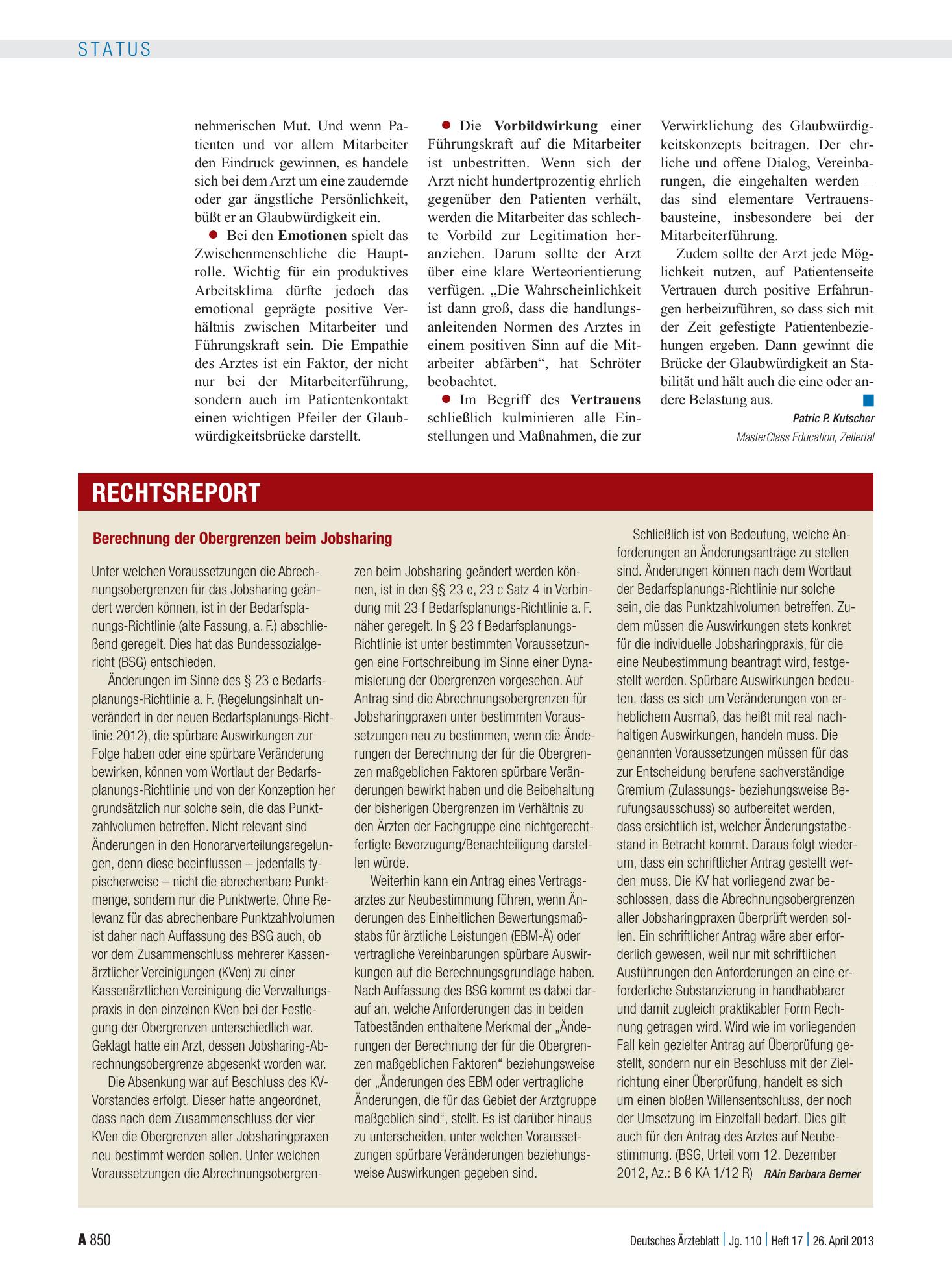 Vorschauseite 1: Berechnung der Obergrenzen beim Jobsharing – Deutsches Ärzteblatt