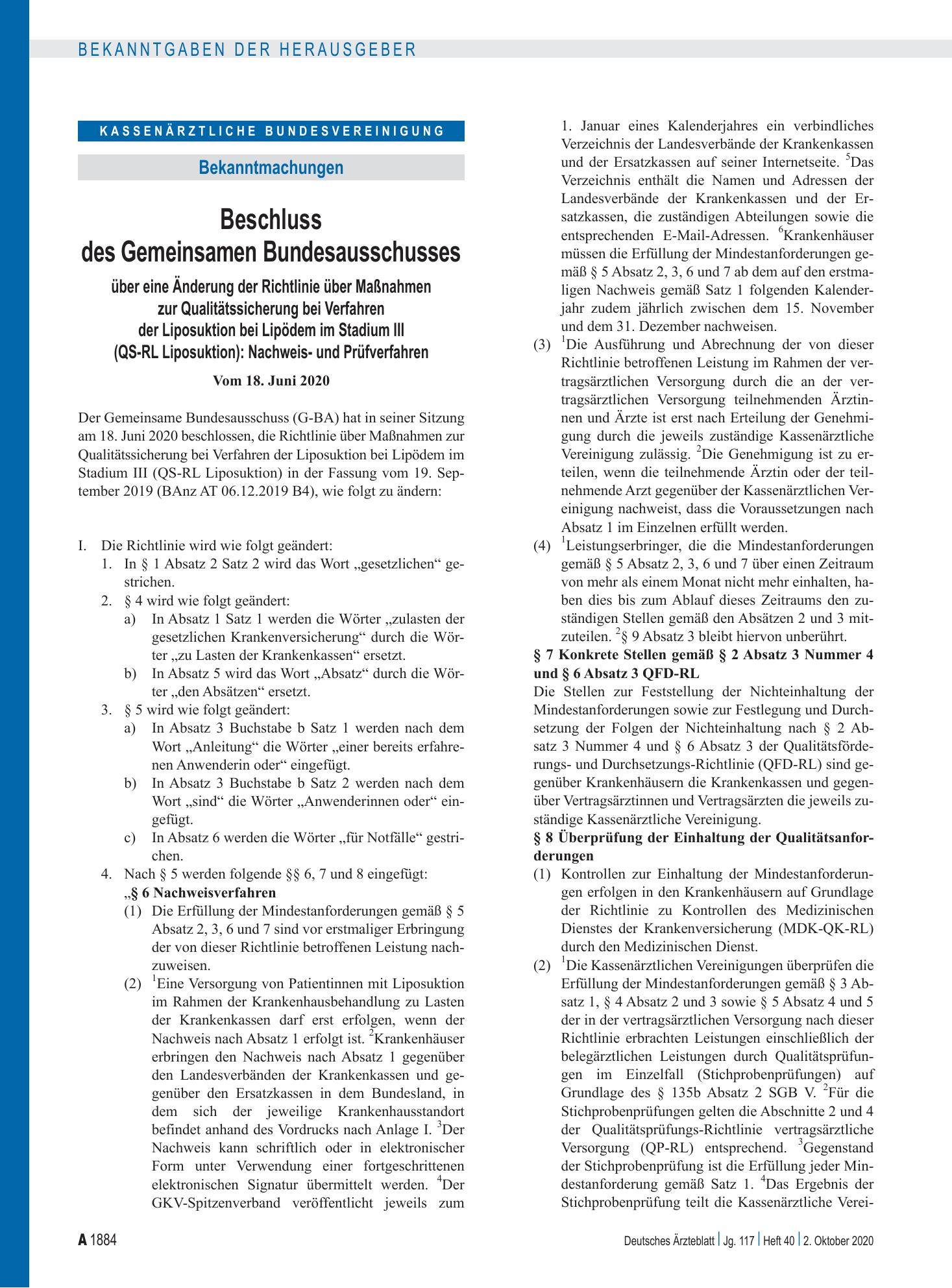 Vorschauseite 1: Beschluss des Gemeinsamen Bundesausschusses über eine Änderung der Richtlinie über Maßnahmen zur Qualitätssicherung bei Verfahren der Liposuktion bei Lipödem im Stadium III (QS-RL…