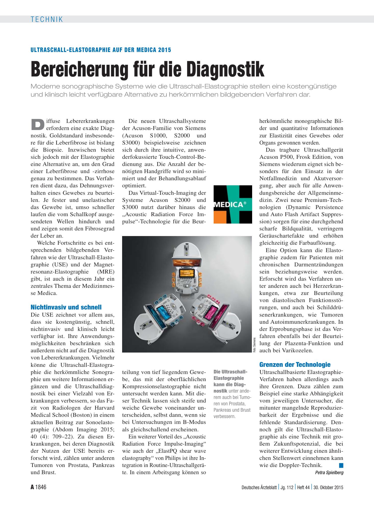 Vorschauseite 1: Ultraschall-Elastographie auf der Medica 2015: Bereicherung für die Diagnostik – Deutsches Ärzteblatt