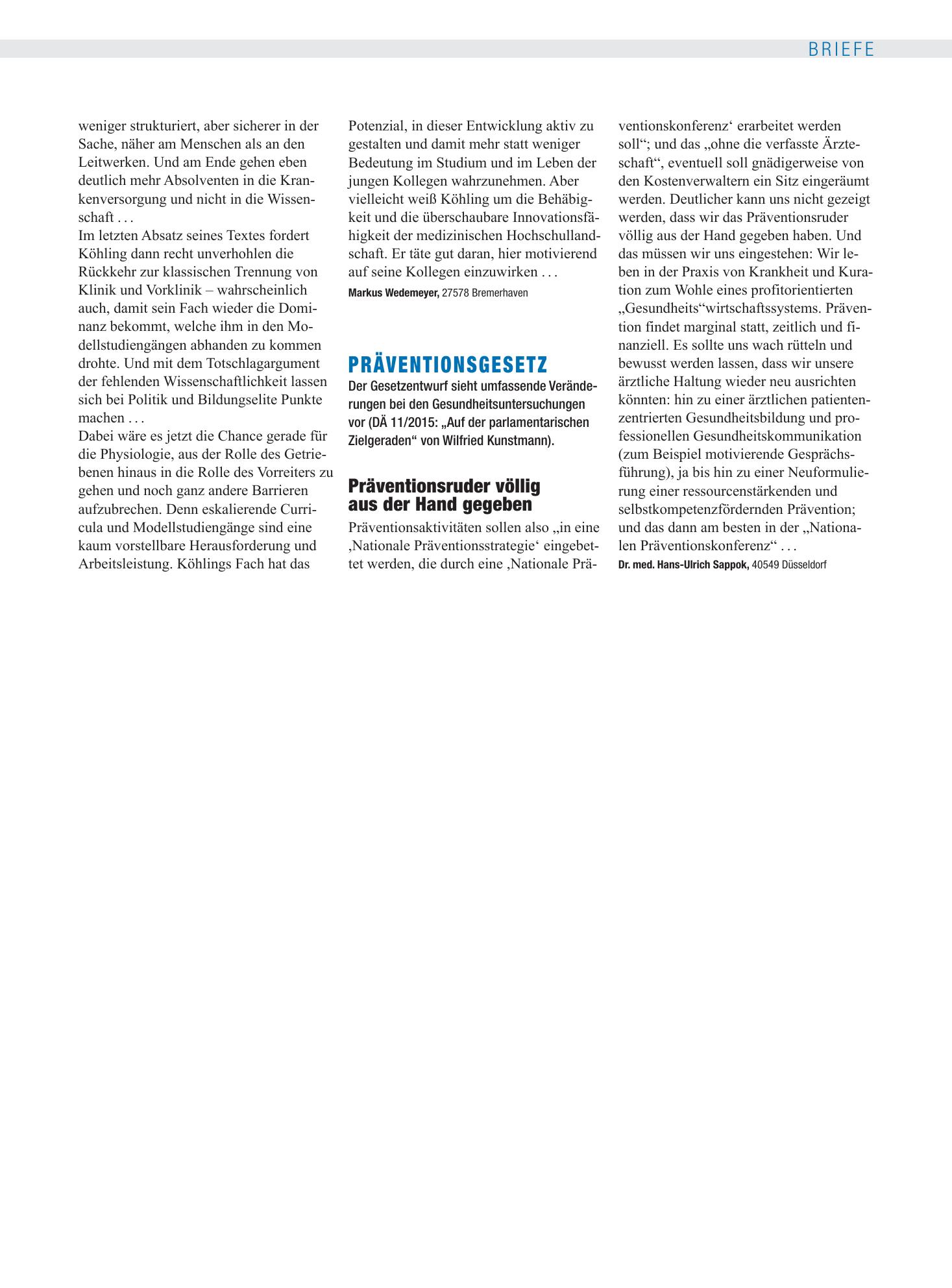 Vorschauseite 1: Präventionsgesetz: Präventionsruder völlig aus der Hand gegeben – Deutsches Ärzteblatt