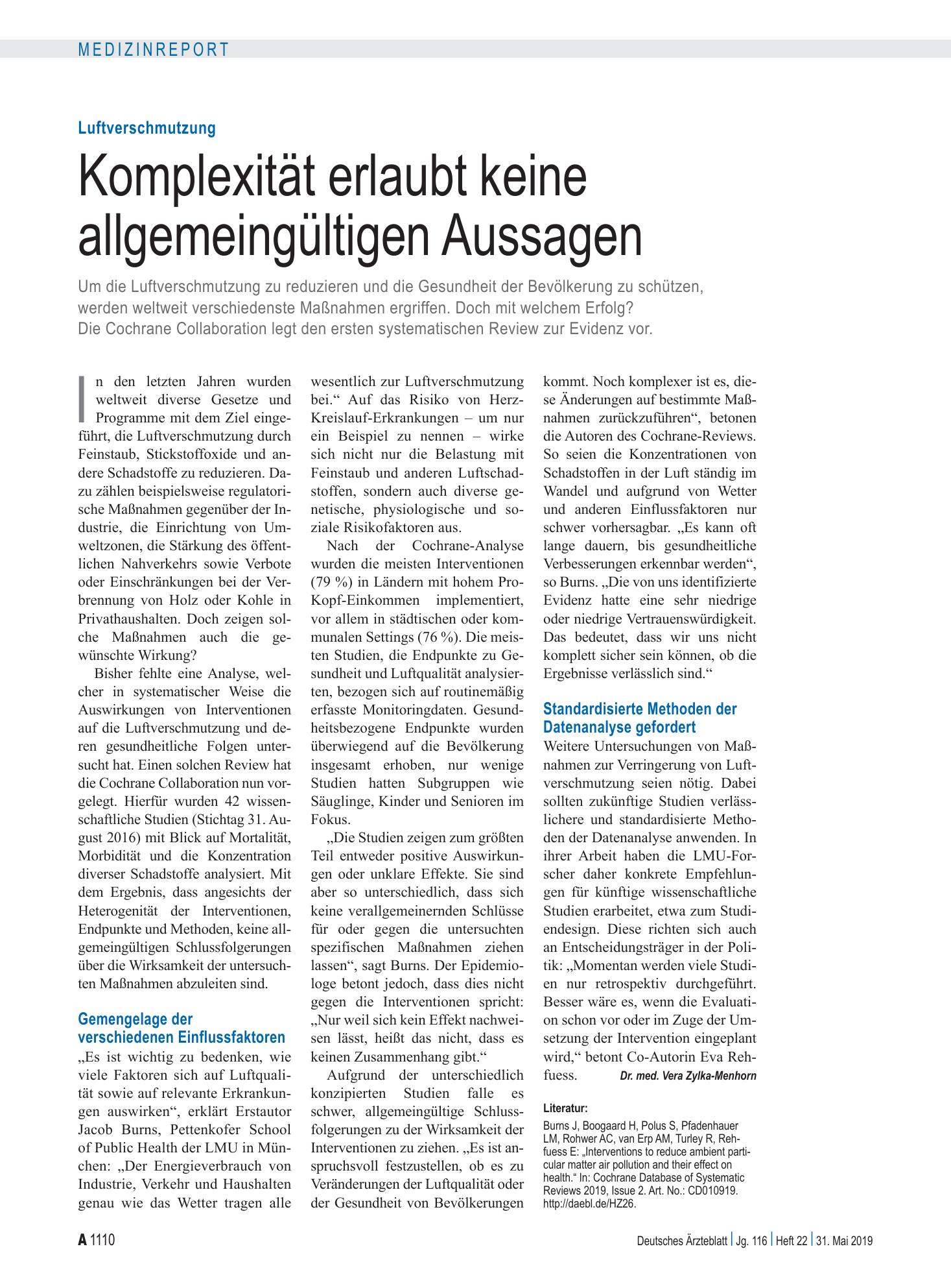 Vorschauseite 1: Luftverschmutzung: Komplexität erlaubt keine allgemeingültigen Aussagen – Deutsches Ärzteblatt