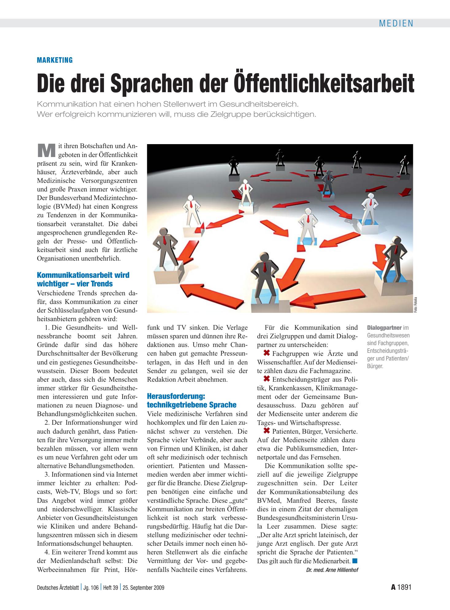 Vorschauseite 1: Marketing: Die drei Sprachen der Öffentlichkeitsarbeit – Deutsches Ärzteblatt