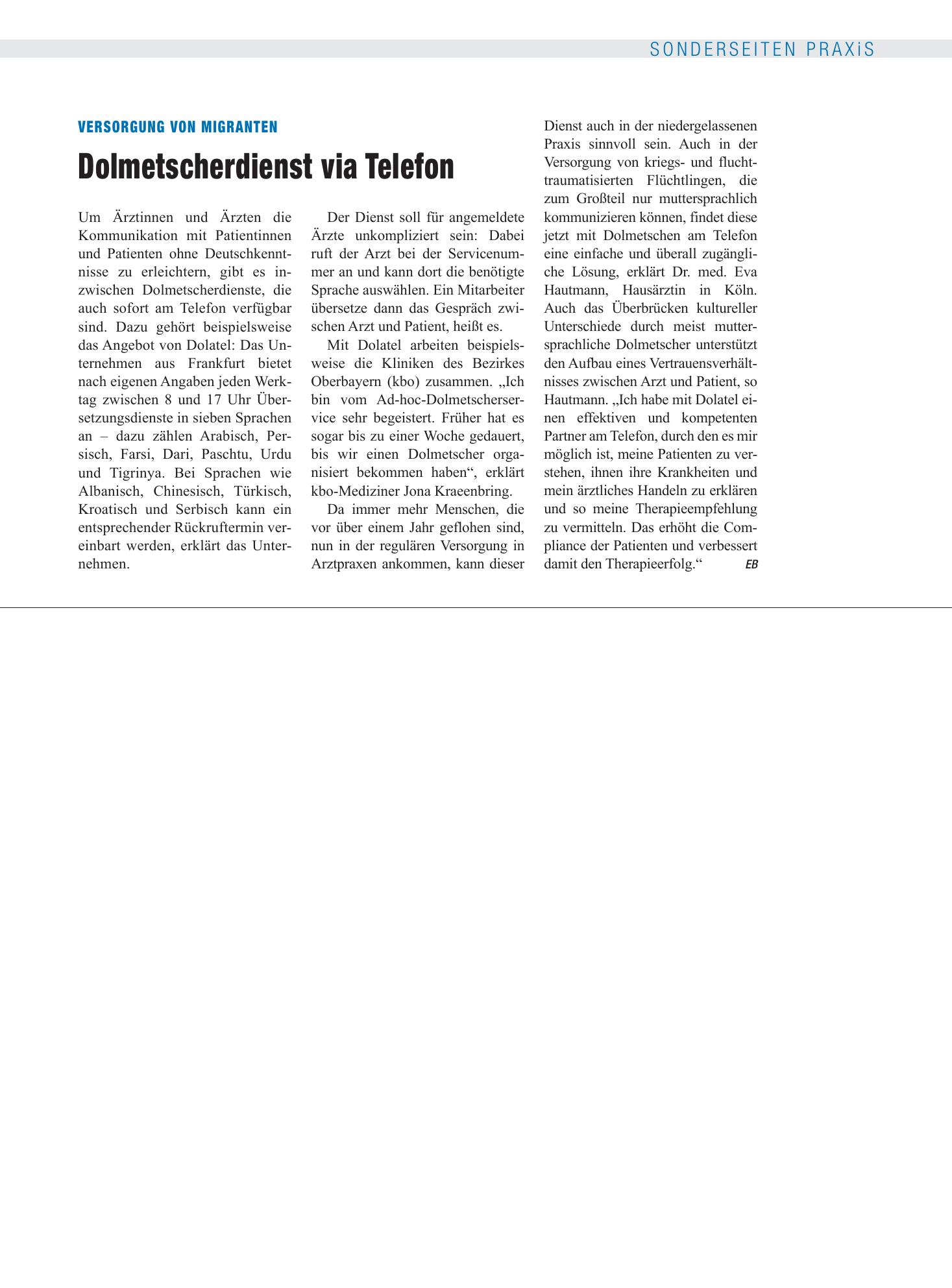 Vorschauseite 1: Versorgung von Migranten: Dolmetscherdienst via Telefon – Deutsches Ärzteblatt