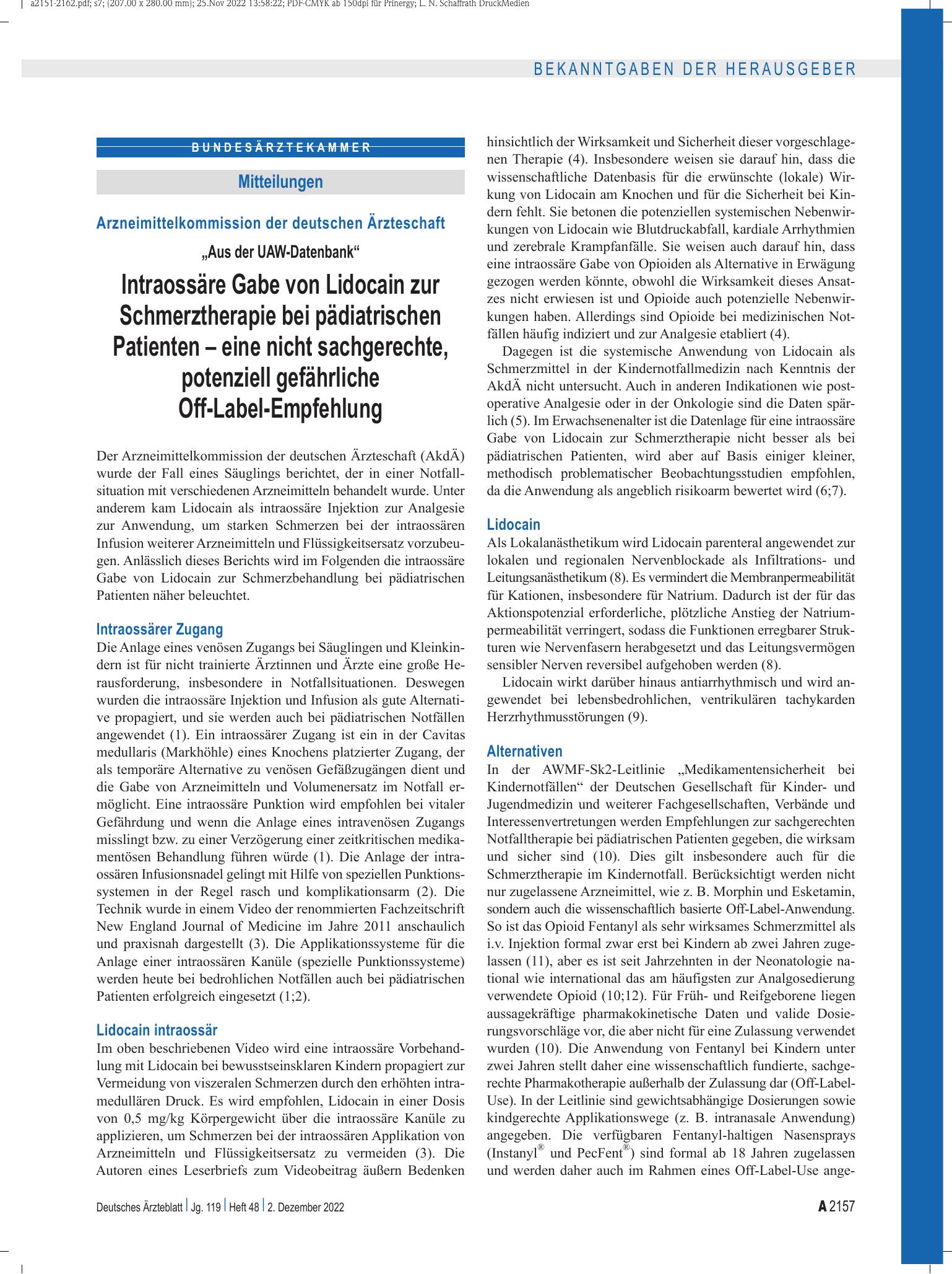 Vorschauseite 1: „Aus der UAW-Datenbank“: Intraossäre Gabe von Lidocain zur Schmerztherapie bei pädiatrischen Patienten – eine nicht sachgerechte, potenziell gefährliche Off-Label-Empfehlung – Deu…