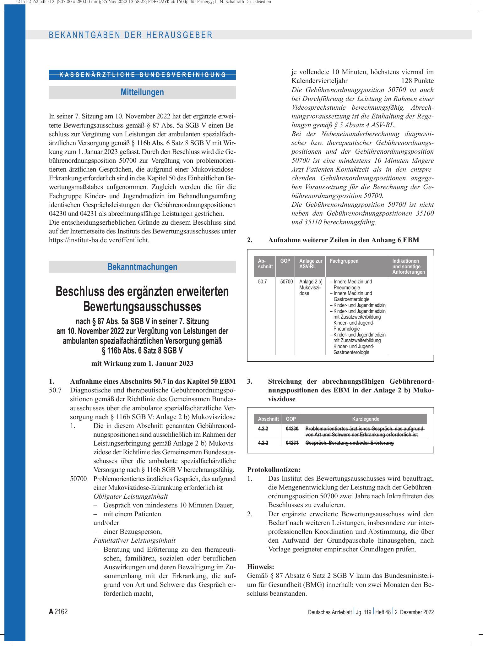 Vorschauseite 1: Beschluss des ergänzten erweiterten Bewertungsausschusses nach § 87 Abs. 5a SGB V in seiner 7. Sitzung am 10. November 2022 zur Vergütung von Leistungen der ambulanten spezialfach…