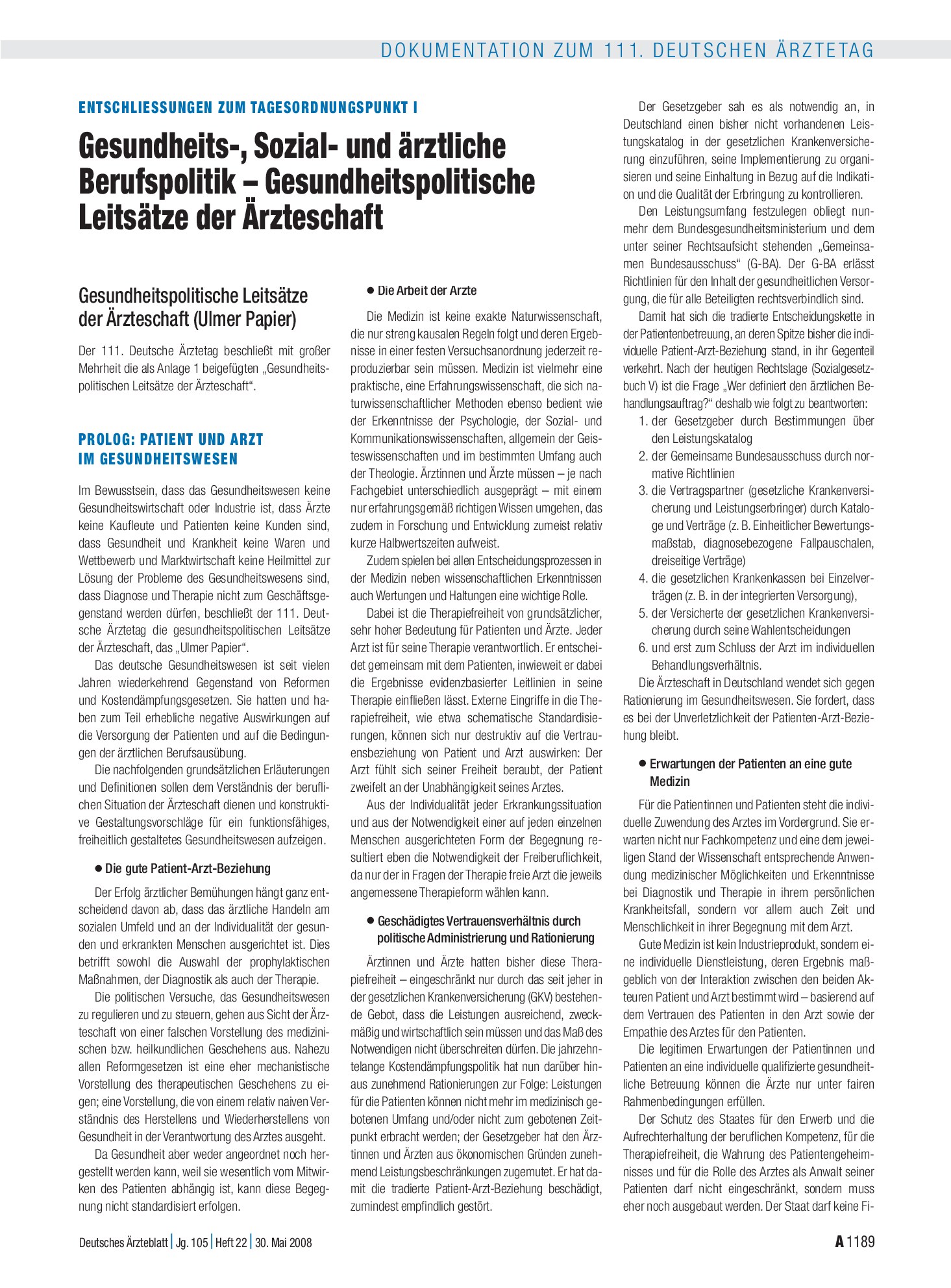 Vorschauseite 1: Entschliessungen zum Tagesordnungspunkt I: Gesundheits-, Sozial- und ärztliche Berufspolitik – Gesundheitspolitische Leitsätze der Ärzteschaft – Deutsches Ärzteblatt