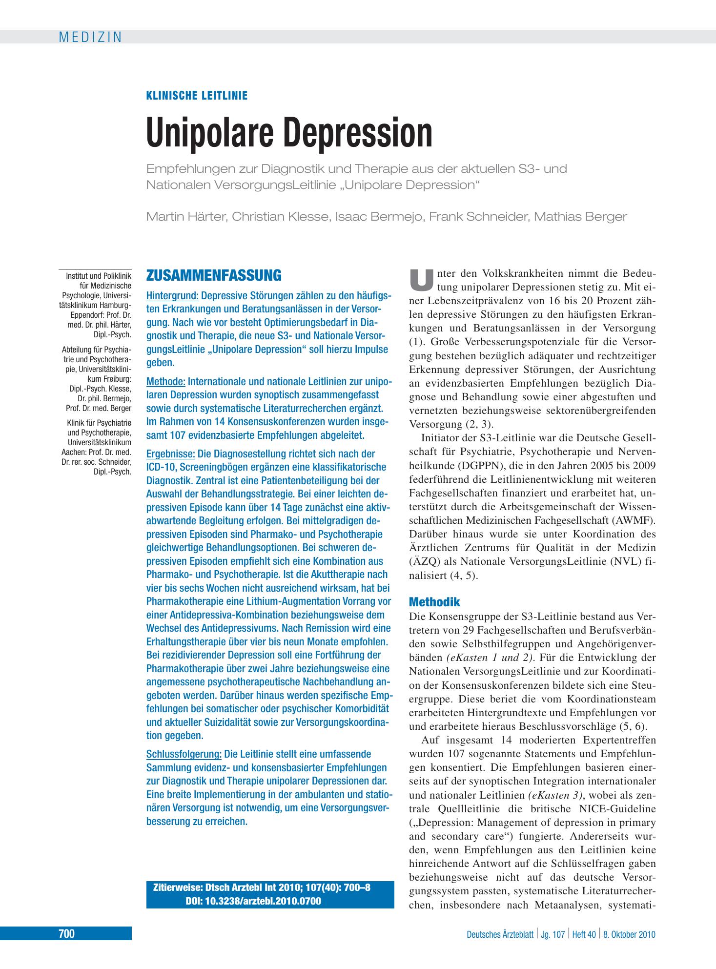 Vorschauseite 1: Unipolare Depression – Deutsches Ärzteblatt