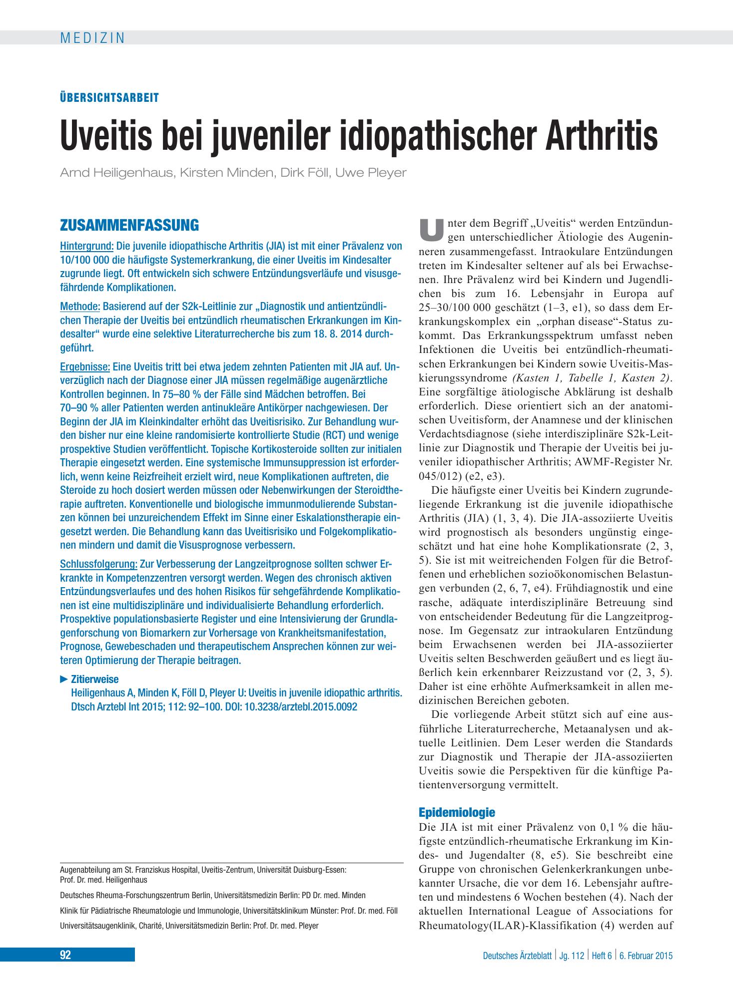 Vorschauseite 1: Uveitis bei juveniler idiopathischer Arthritis – Deutsches Ärzteblatt