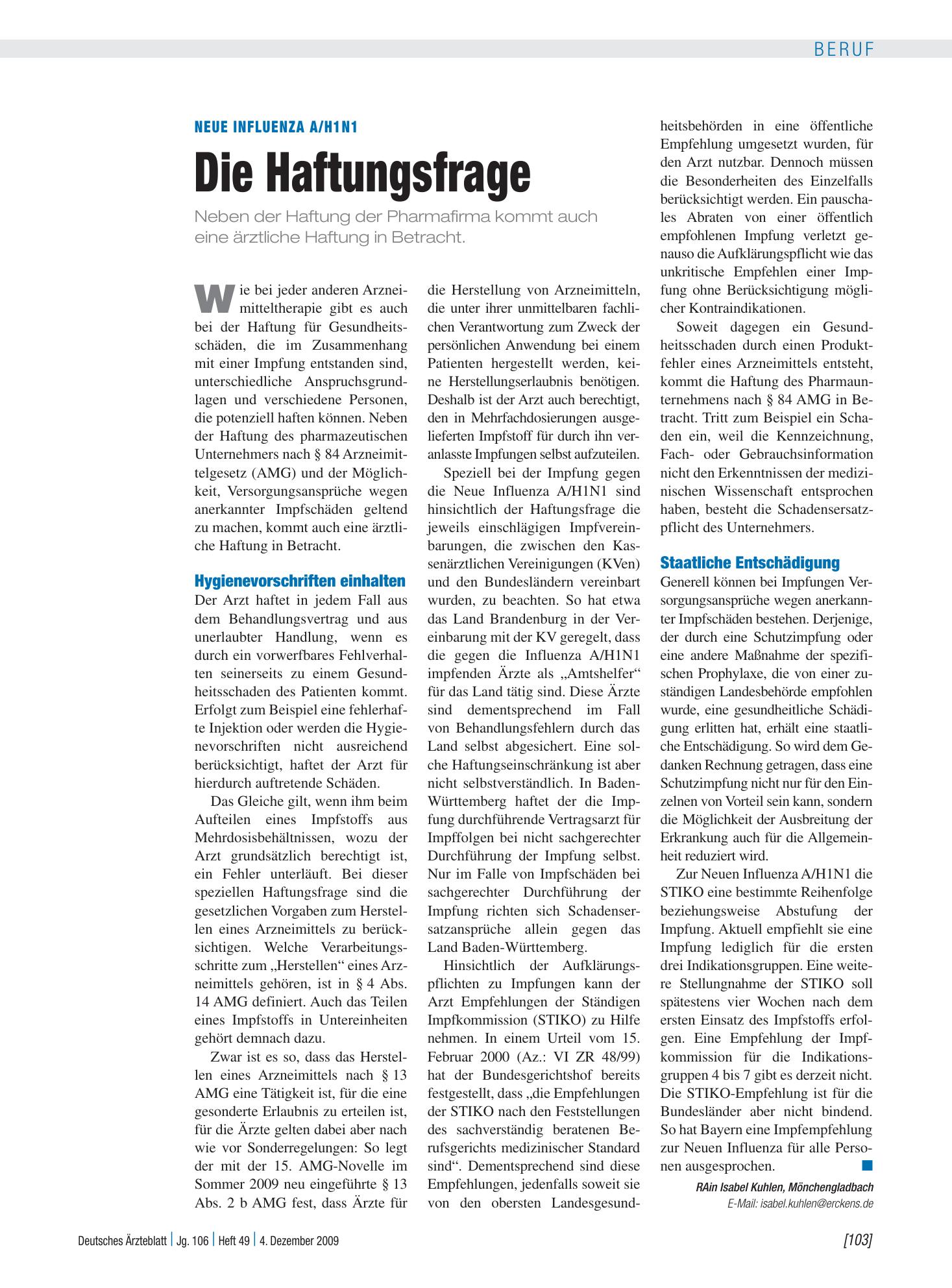 Vorschauseite 1: Neue Influenza A/H1N1: Die Haftungsfrage – Deutsches Ärzteblatt