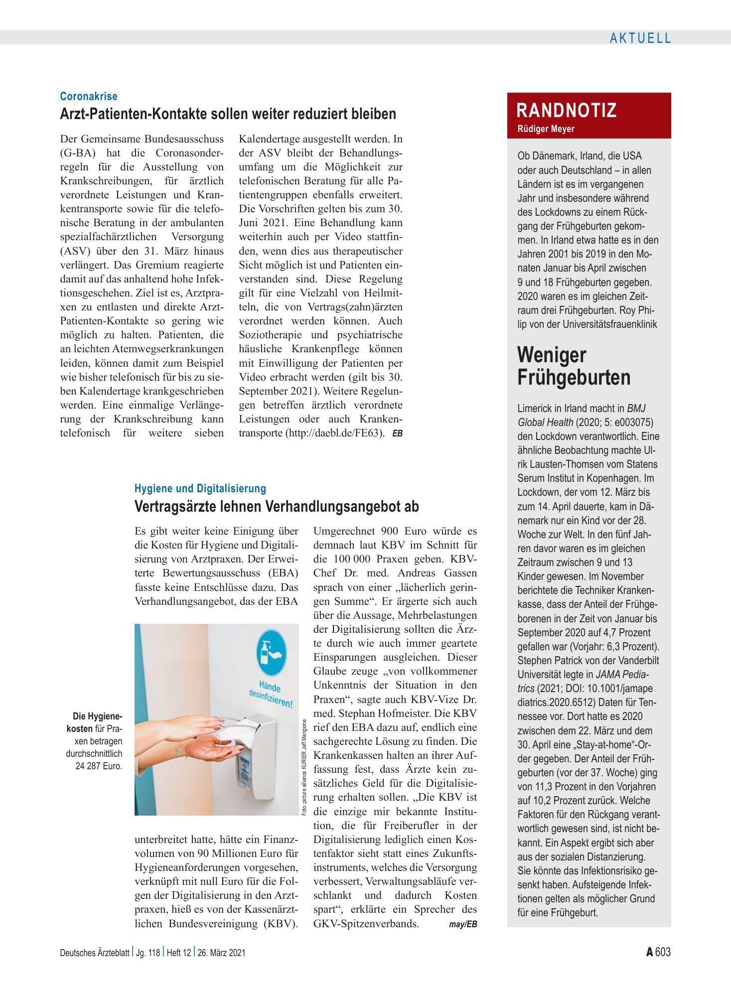 Vorschauseite 1: Randnotiz: Weniger Frühgeburten – Deutsches Ärzteblatt