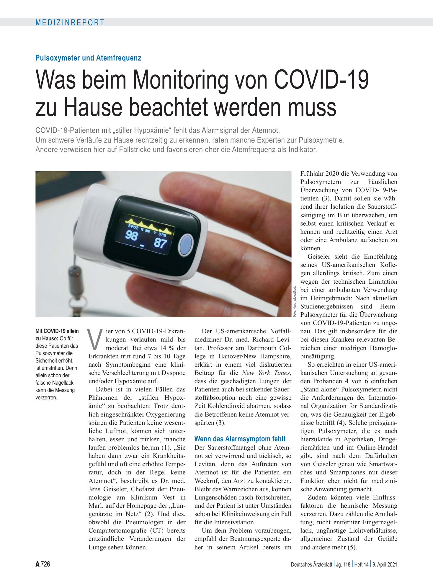 Vorschauseite 1: Pulsoxymeter und Atemfrequenz: Was beim Monitoring von COVID-19 zu Hause beachtet werden muss – Deutsches Ärzteblatt