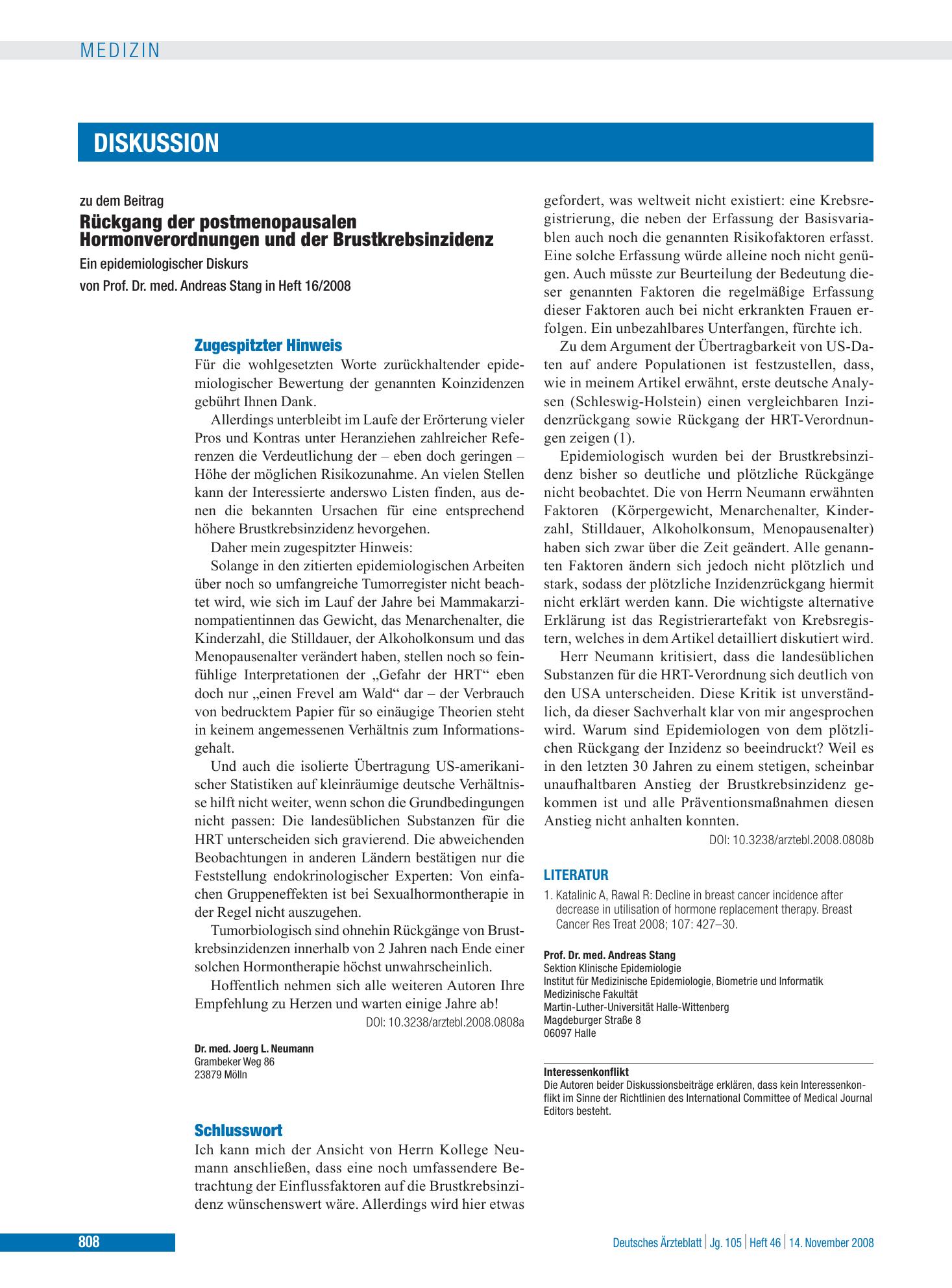 Vorschauseite 1: Rückgang der postmenopausalen Hormonverordnungen und der Brustkrebsinzidenz – Ein epidemiologischer Diskurs: Zugespitzter Hinweis – Deutsches Ärzteblatt