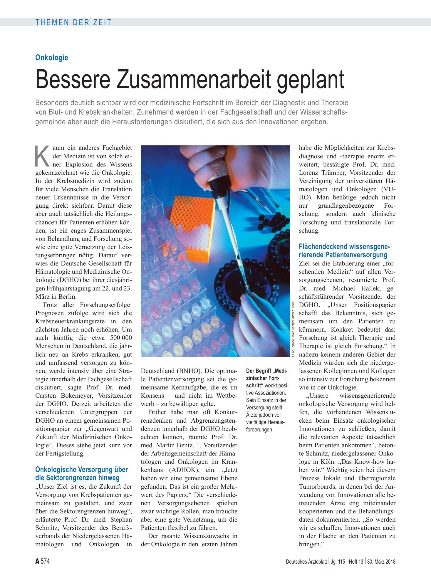 Vorschauseite 1: Onkologie: Bessere Zusammenarbeit geplant – Deutsches Ärzteblatt